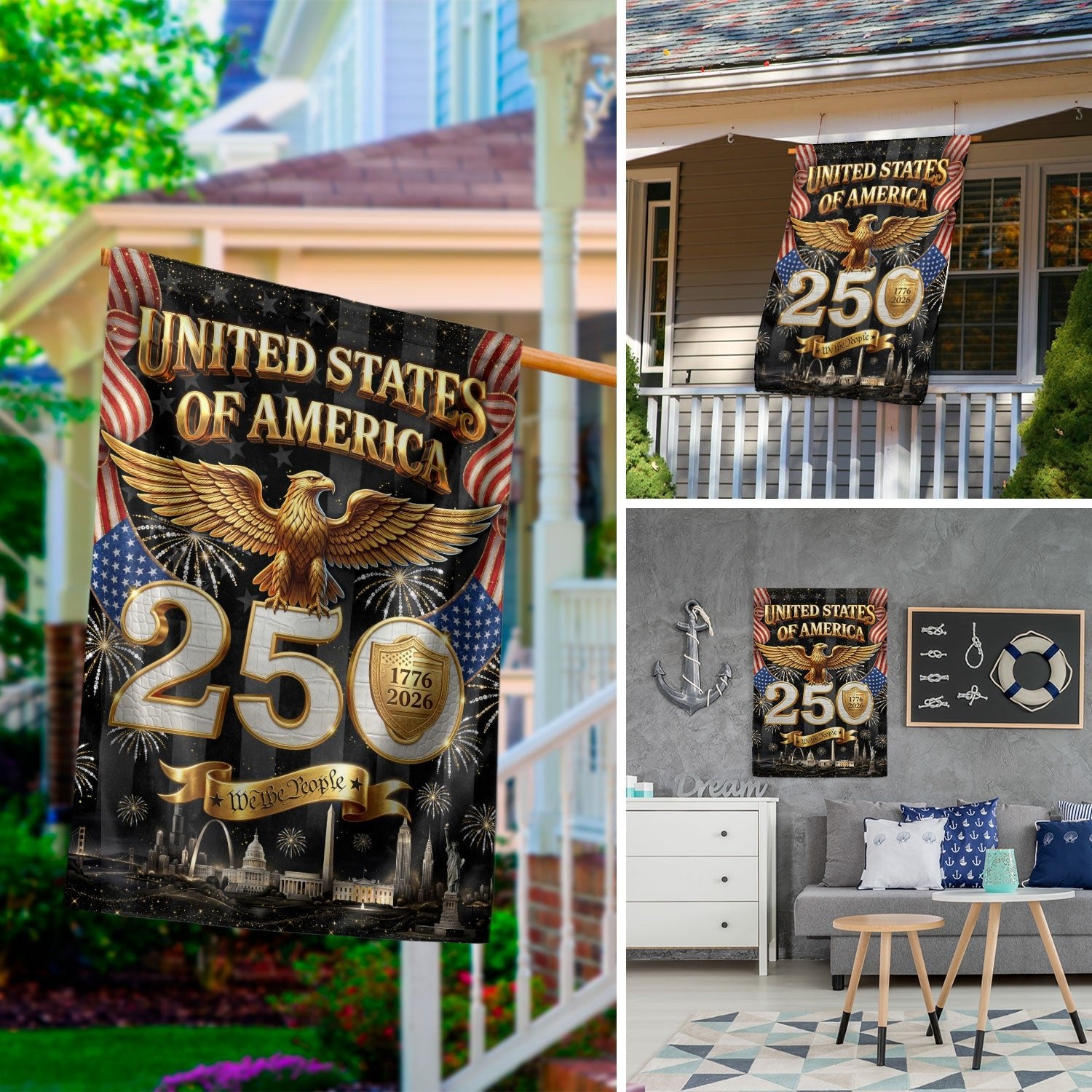 USA 250 Years Garden Flag - Golden Eagle & City Skyline Patriotic Decor 1776-2026 - Rust Field Wear