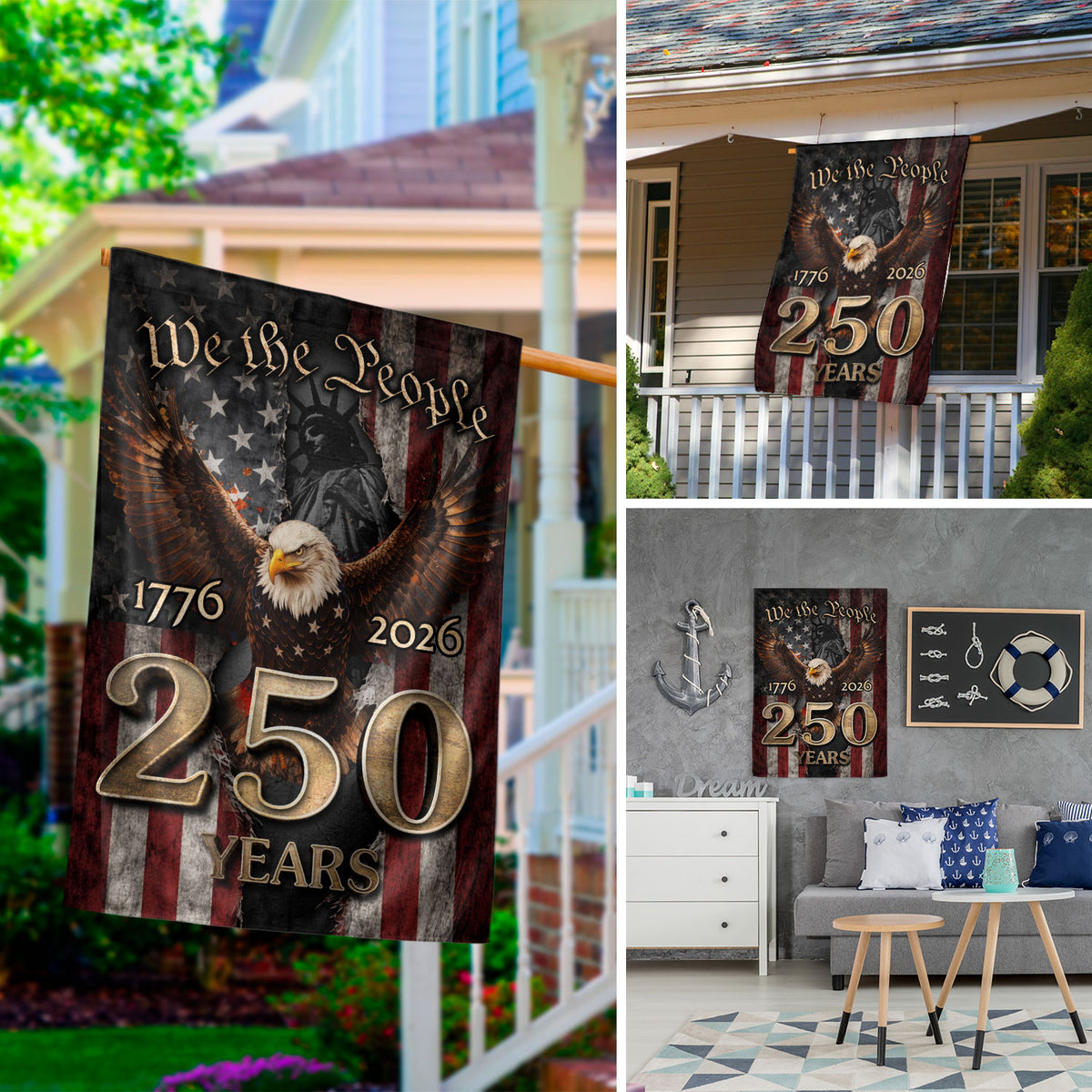 1776-2026 U.S. 250th Anniversary We The People House Flag Bald Eagle Statue of Liberty - Rust Field Wear