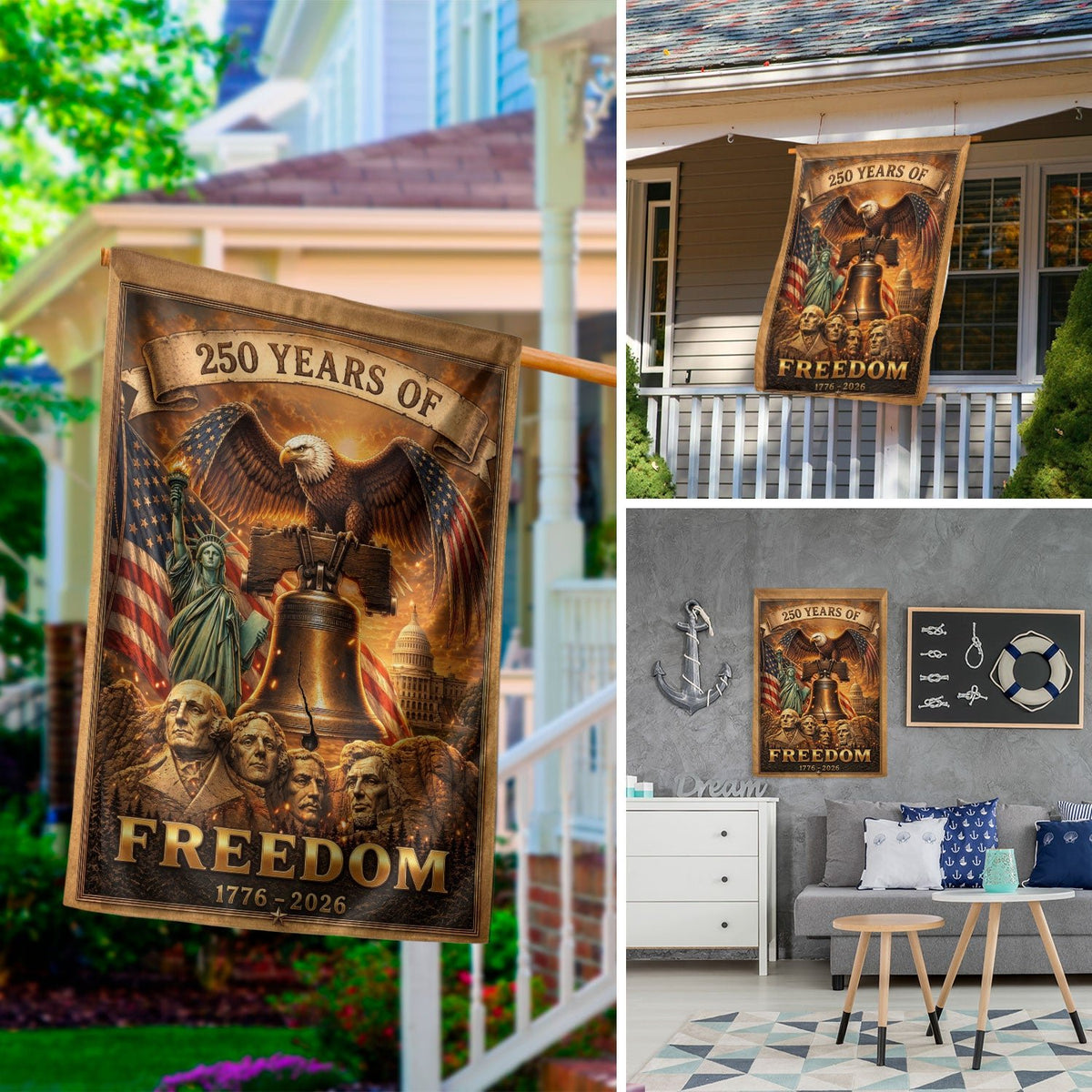 USA 250 Years of Freedom House Flag - Mt. Rushmore & Liberty Icons Patriotic Banner - Rust Field Wear