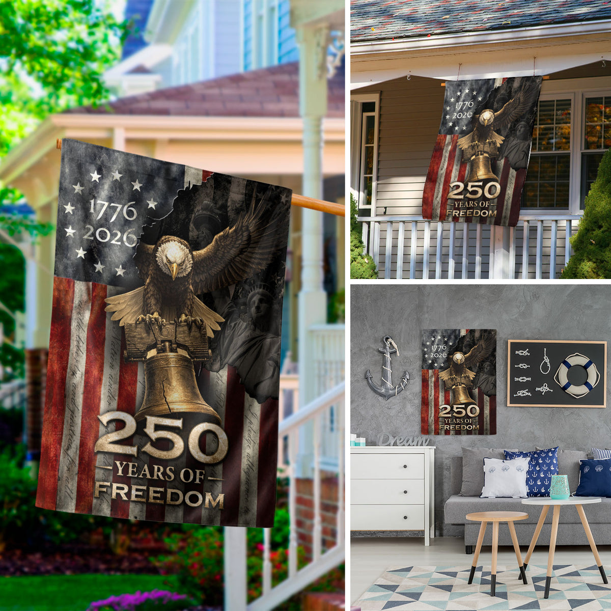 250th Anniversary House Flag - United States Eagle and Liberty Bell Patriotic Banner - Rust Field Wear
