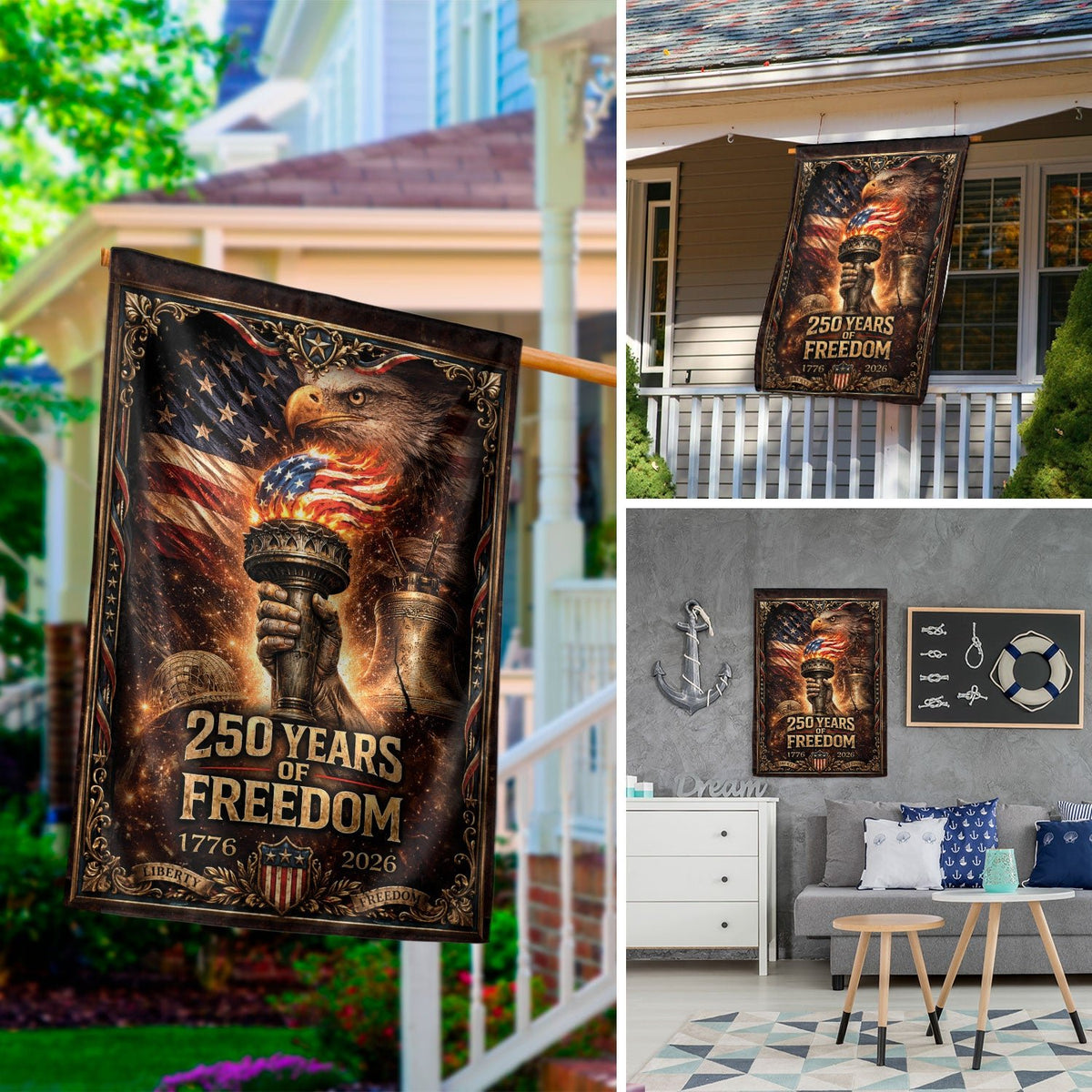 250 Years of Freedom Garden Flag - USA Torch & Eagle Patriotic Outdoor Decor 1776-2026 - Rust Field Wear