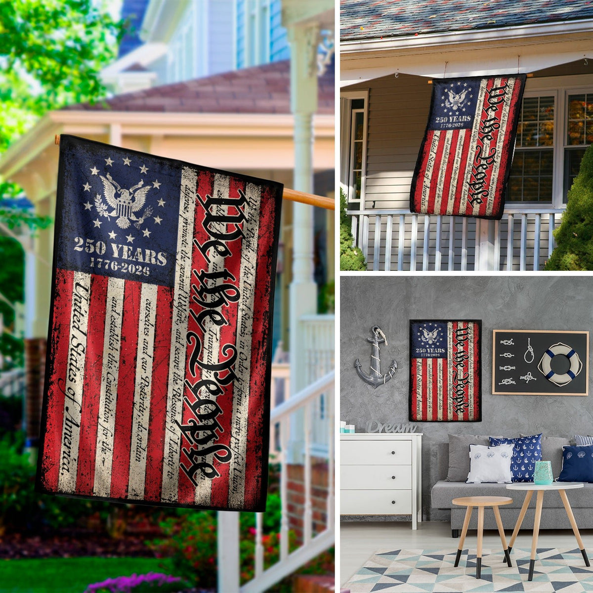 250th Anniversary United States House Flag - Constitution Script Patriotic Home Banner - Rust Field Wear