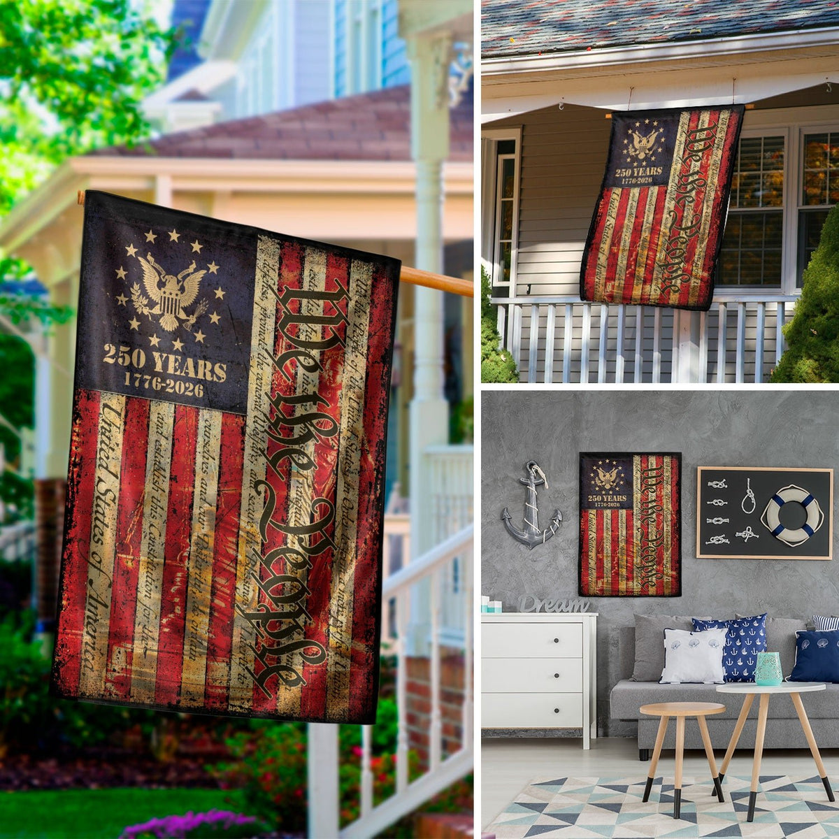 United States 250 Years House Flag - We The People Patriotic Large Home Banner 1776-2026 - Rust Field Wear