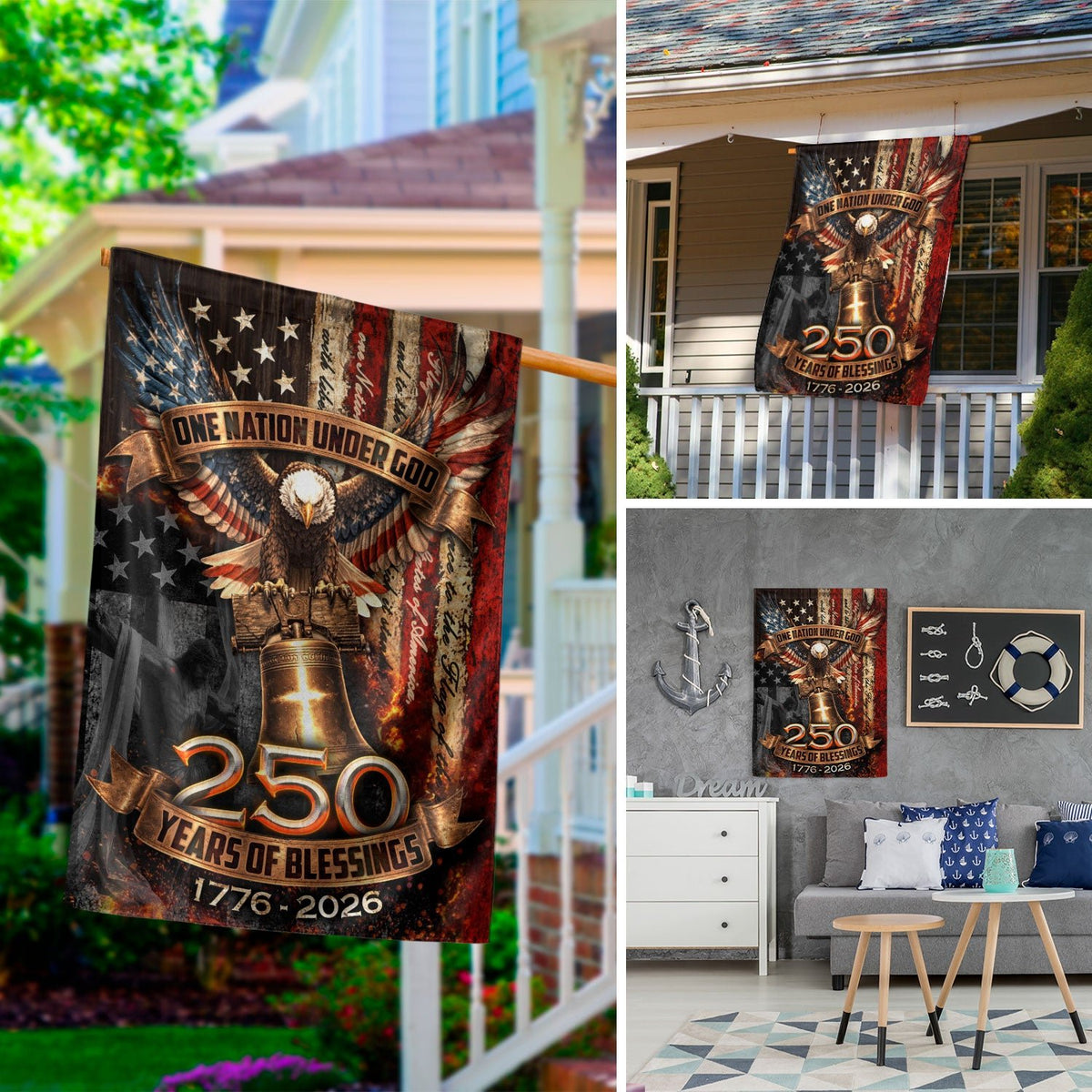 250th Anniversary House Flag One Nation Under God Eagle Patriotic Banner 1776-2026 - Rust Field Wear