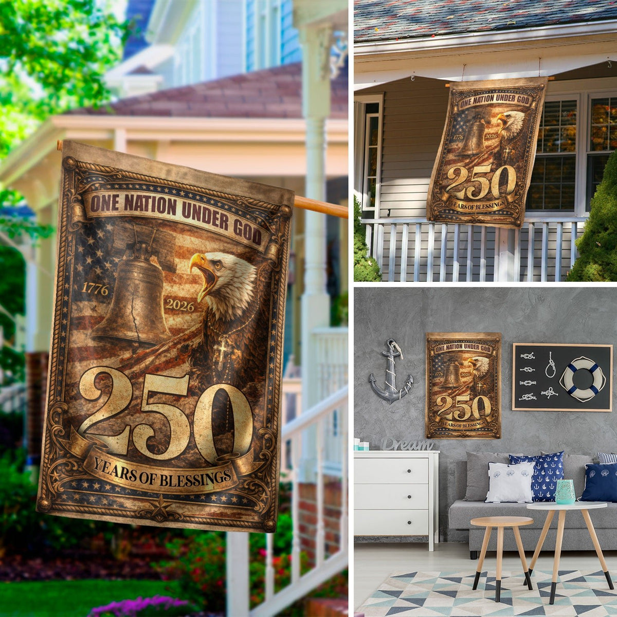 1776-2026 Anniversary Garden Flag 250 Years of Blessings One Nation Under God Eagle - Rust Field Wear