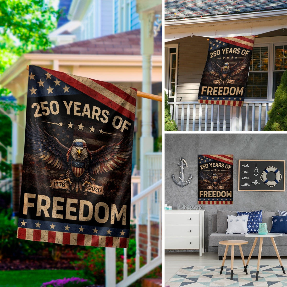250 Years of Freedom House Flag Patriotic Eagle 1776-2026 Vintage USA 250th Anniversary Flag American - Rust Field Wear