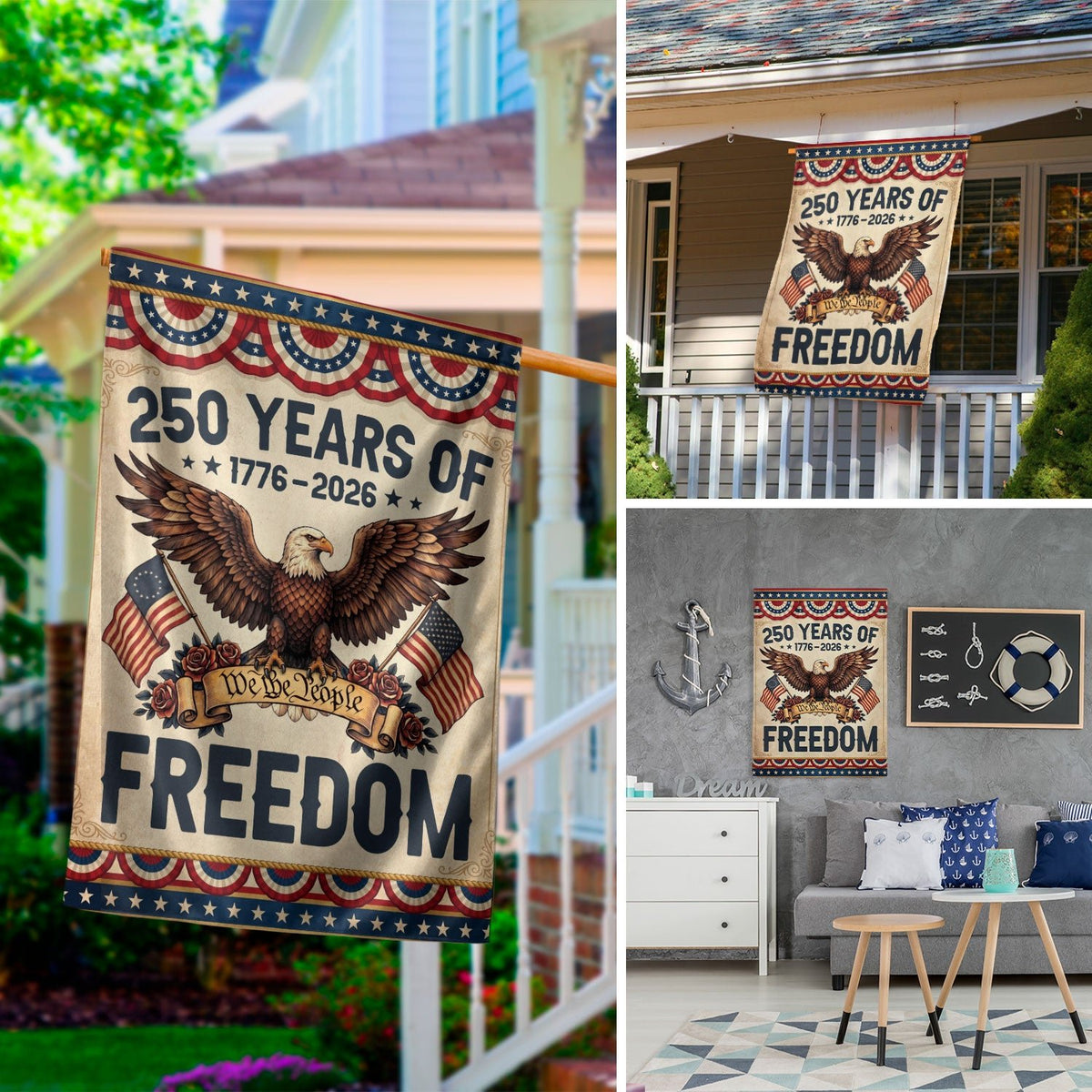 250 Years Freedom House Flag We The People Eagle 1776-2026 Patriotic USA 250th Anniversary Flag - Rust Field Wear