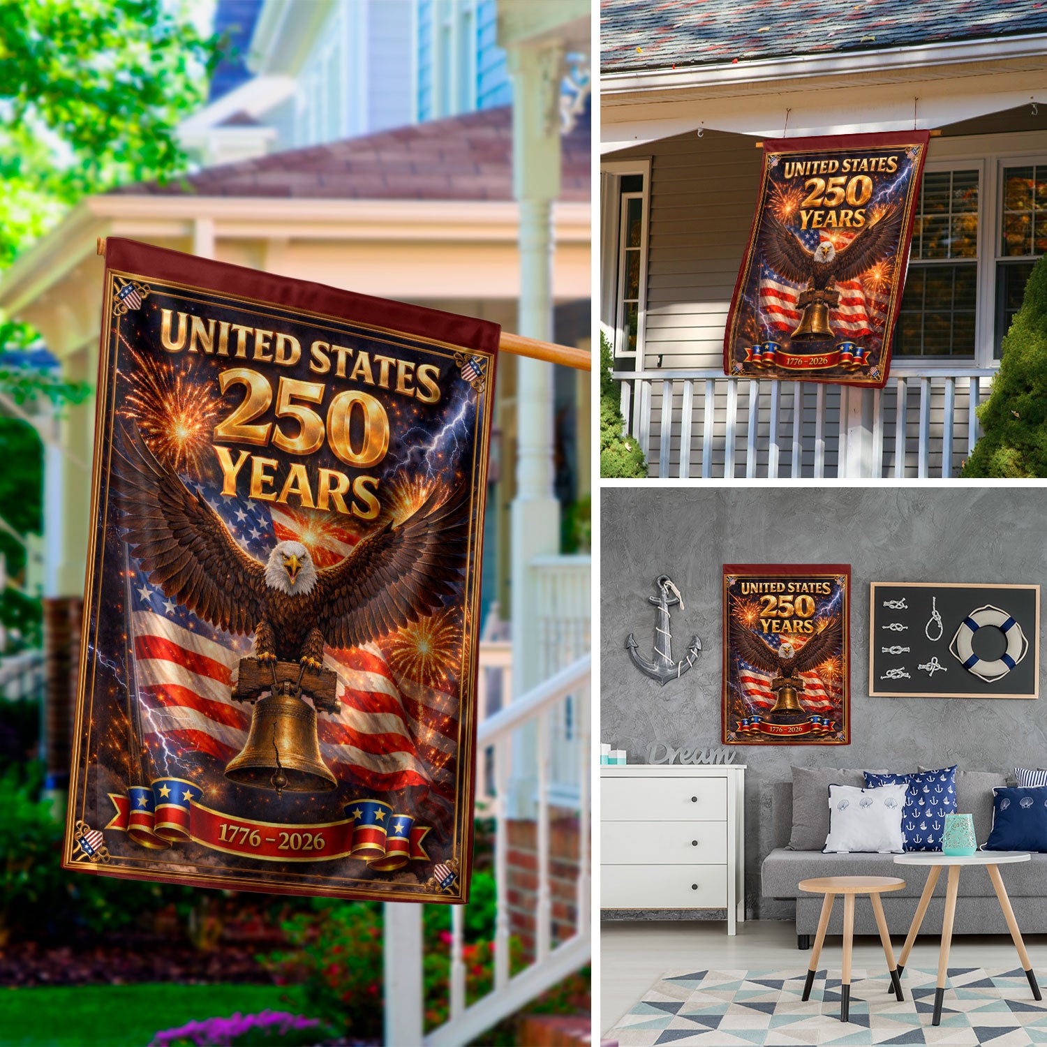 United States 250 Years House Flag - Majestic Eagle & Liberty Bell Patriotic Banner