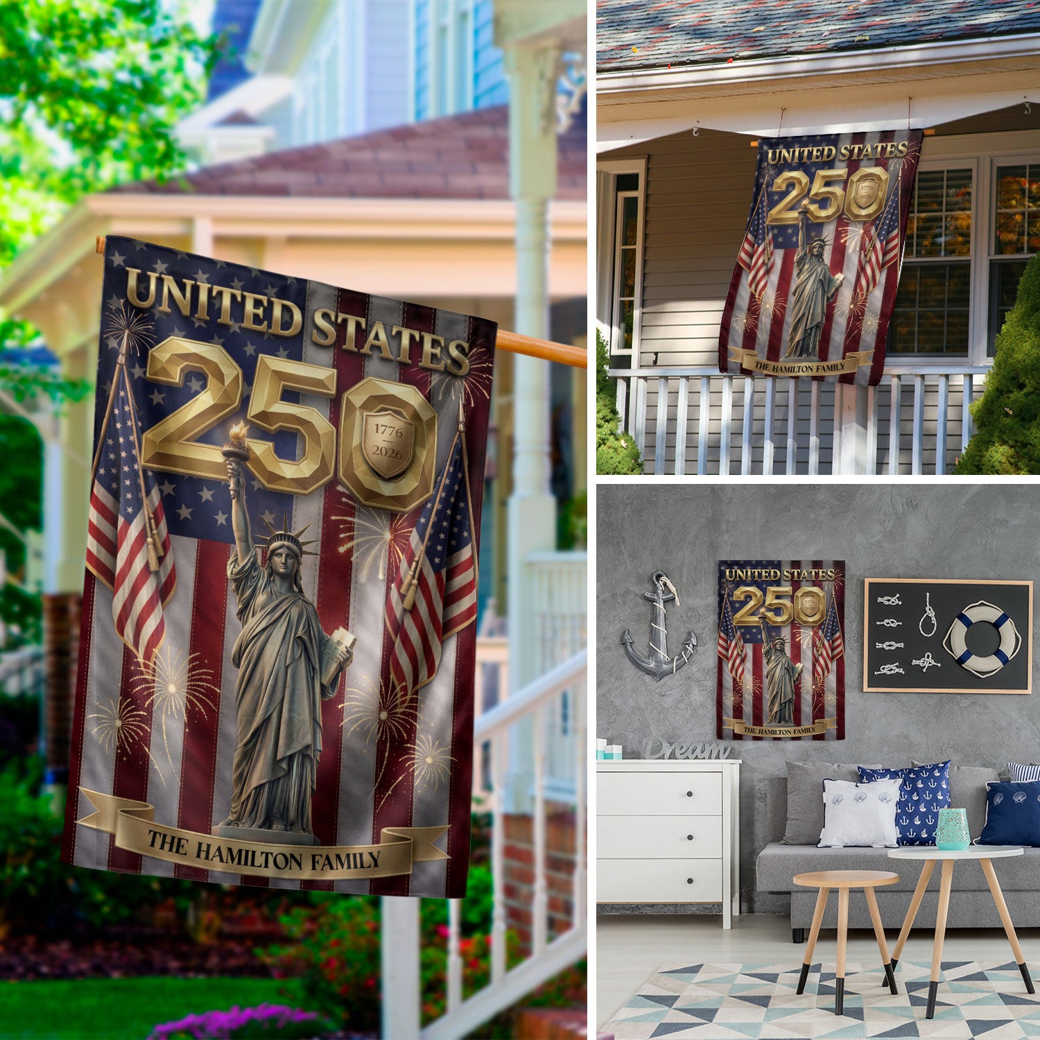 Custom Family Name United States 250 Years Statue of Liberty Patriot Garden Flag Banner - Rust Field Wear
