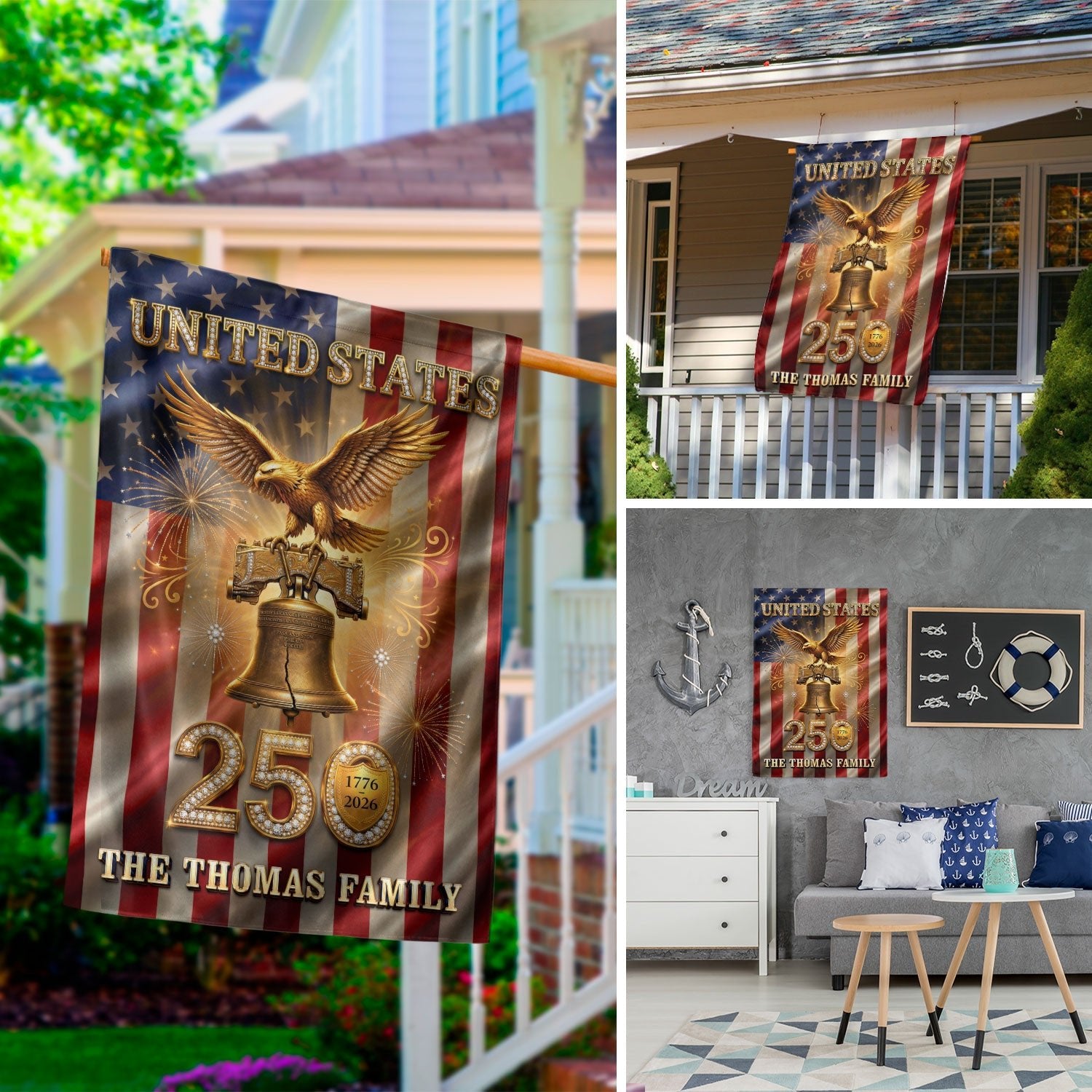 Custom Family Name United States 250 Years Liberty Bell Patriot Eagle Garden Flag - Rust Field Wear