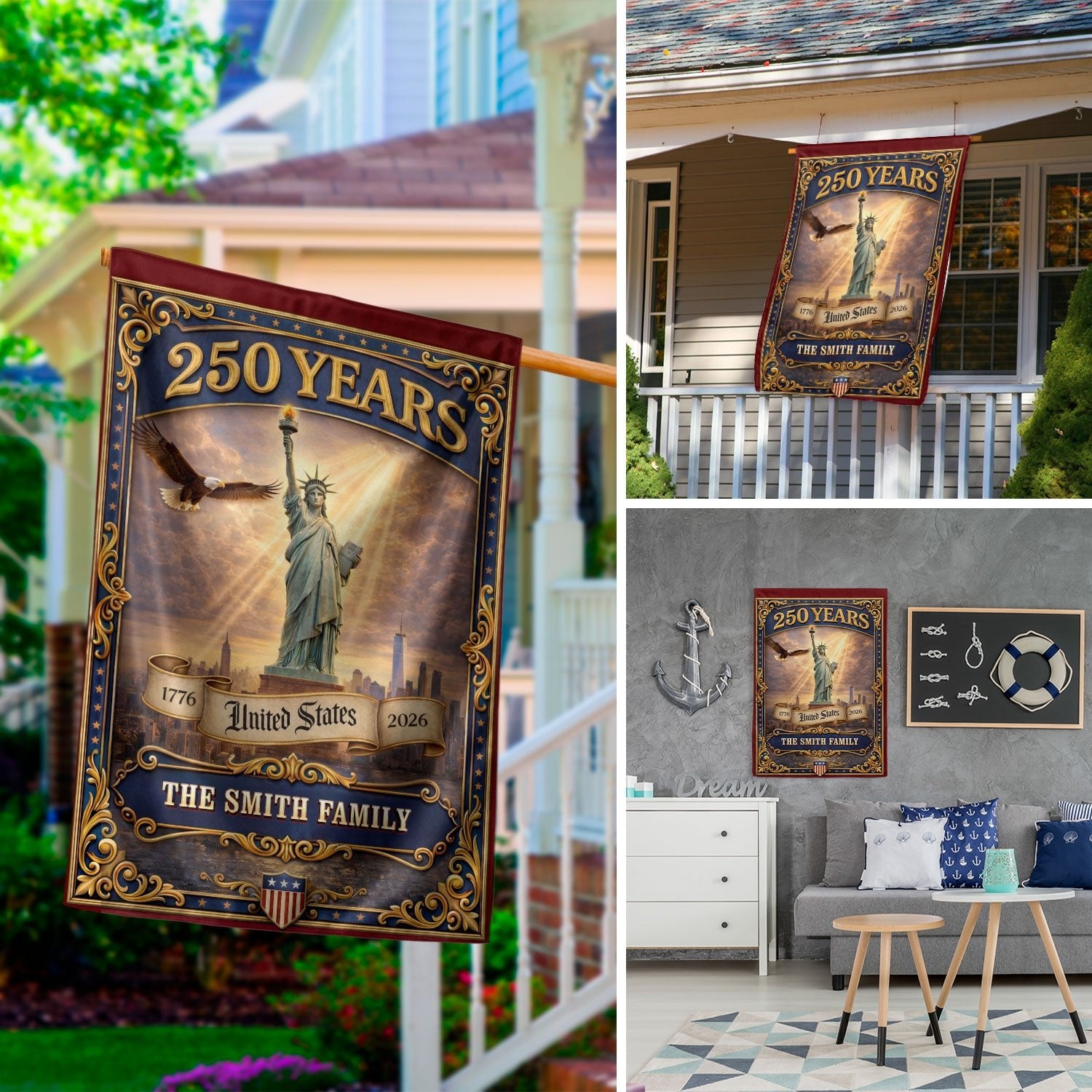 Custom Family Name 250 Years United States Statue of Liberty Patriot Garden Flag - Rust Field Wear