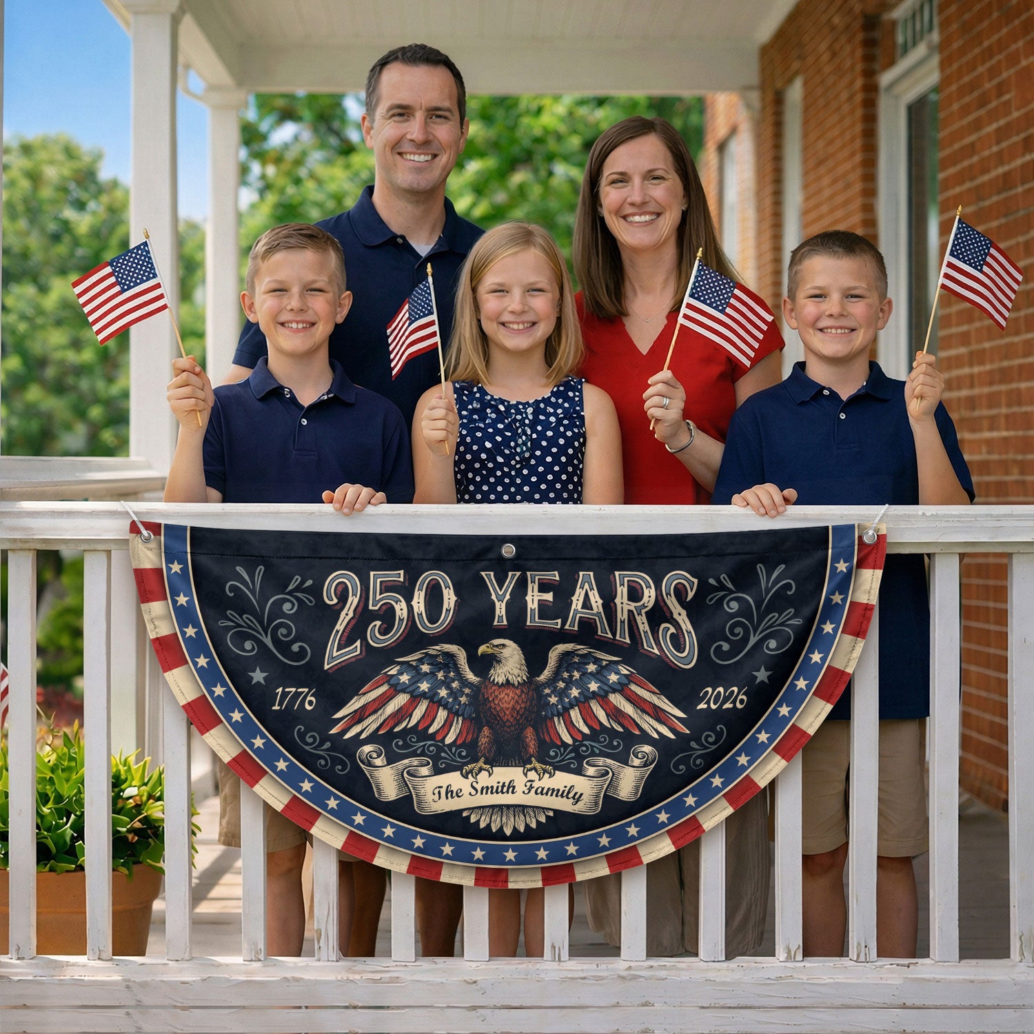 250 Years 1776-2026 Patriotic Fence Flag - Custom Family Name Eagle Outdoor Banner