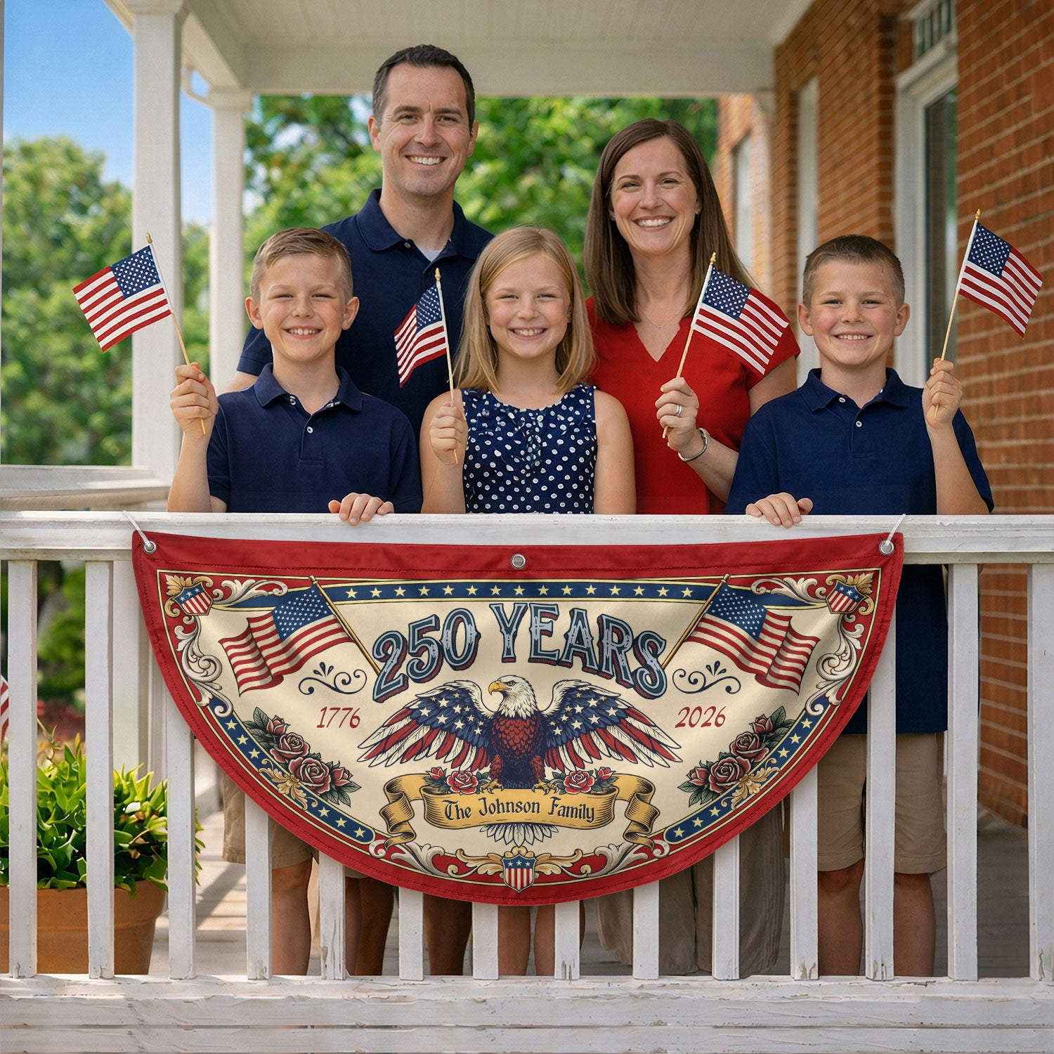 250 Years 1776-2026 American Anniversary Fence Flag - Custom Family Name Patriot Bunting