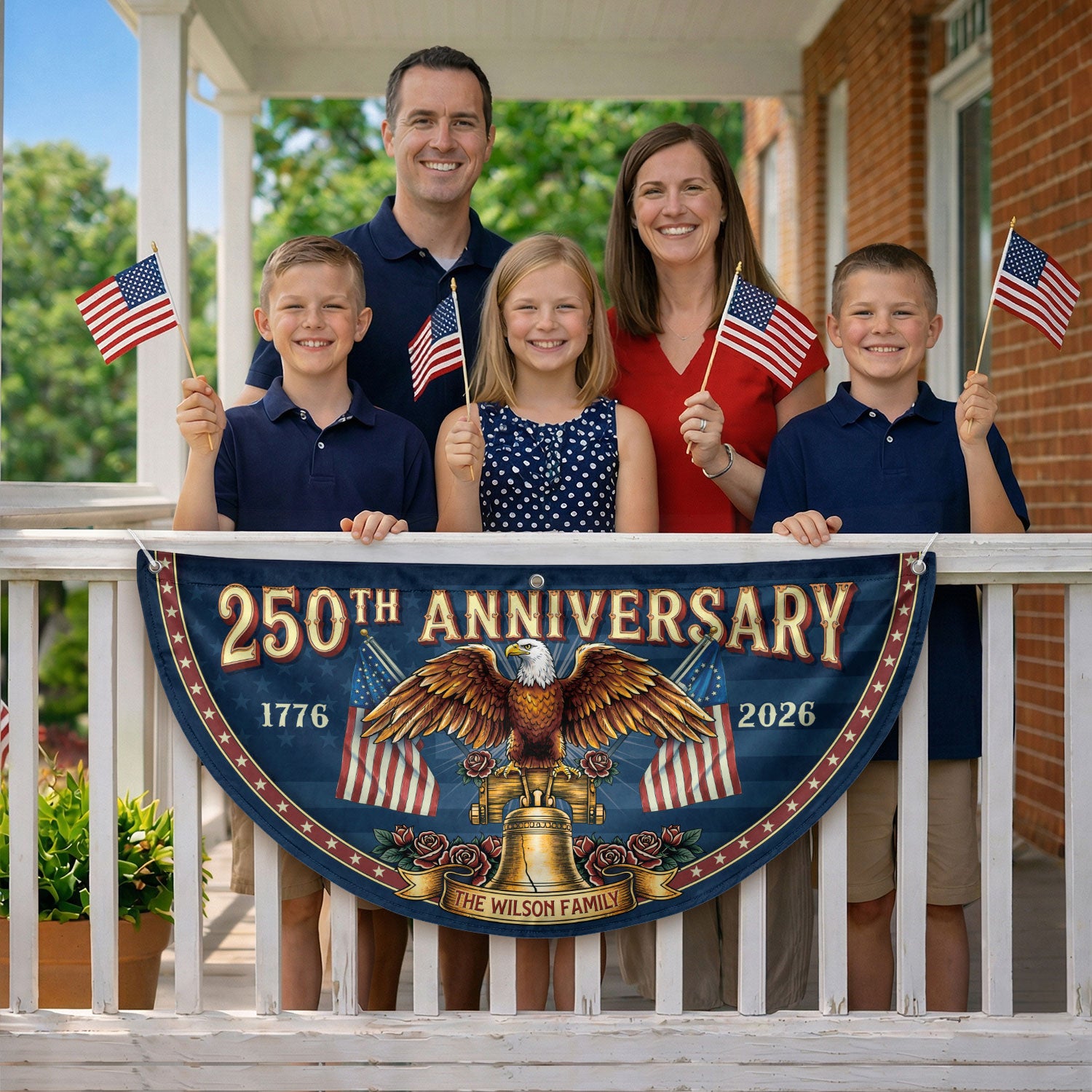 250th Anniversary 1776-2026 Liberty Bell Custom Family Name Patriot Fence Flag Banner