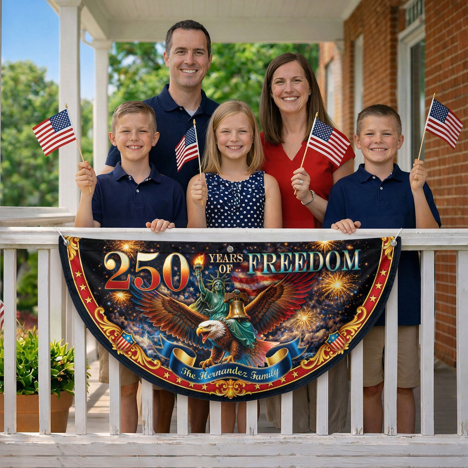 250 Years of Freedom Custom Family Name Patriot Fence Flag - Outdoor Bunting Banner