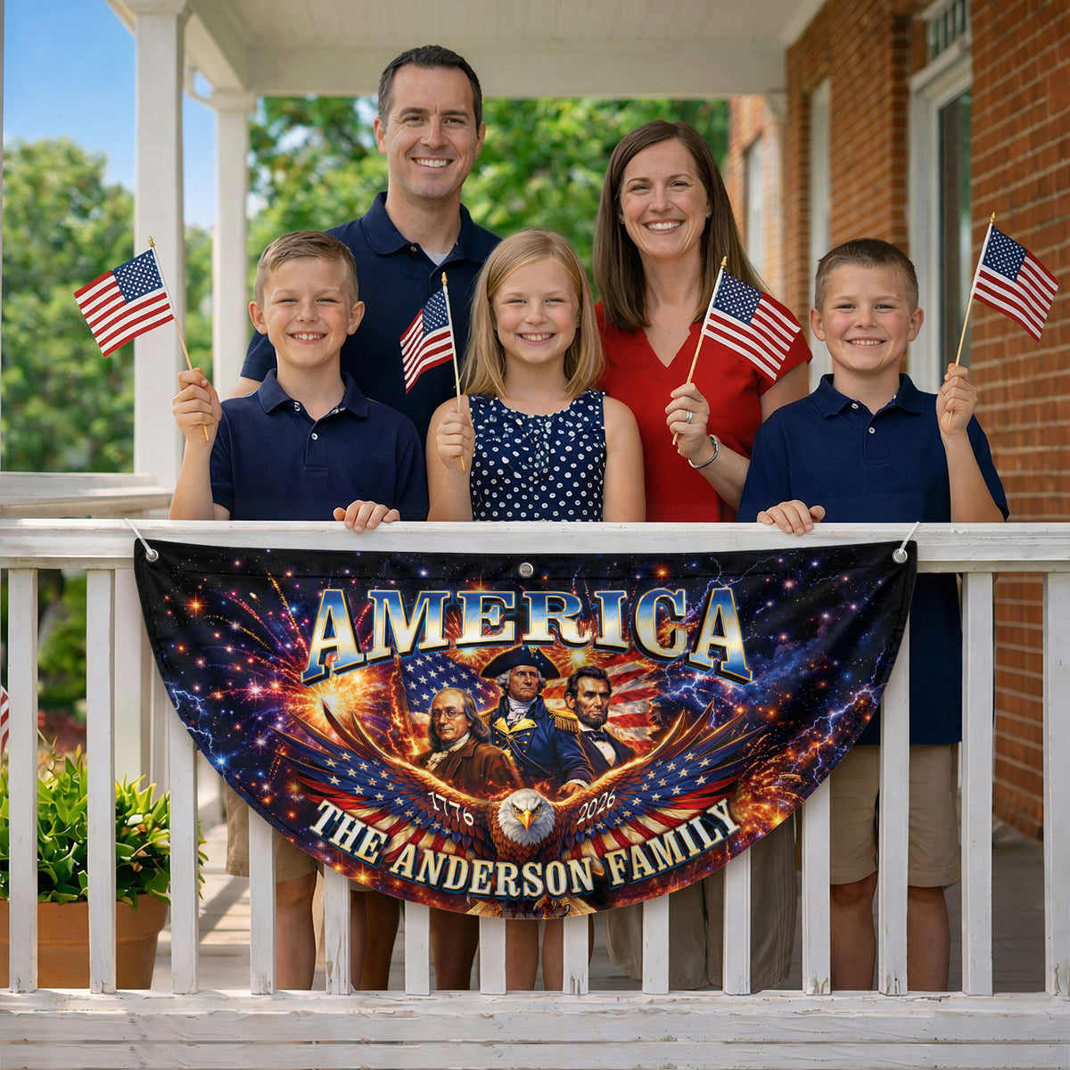 Custom Family Name America 1776-2026 Historical Founding Fathers Patriot Fence Flag - Rust Field Wear
