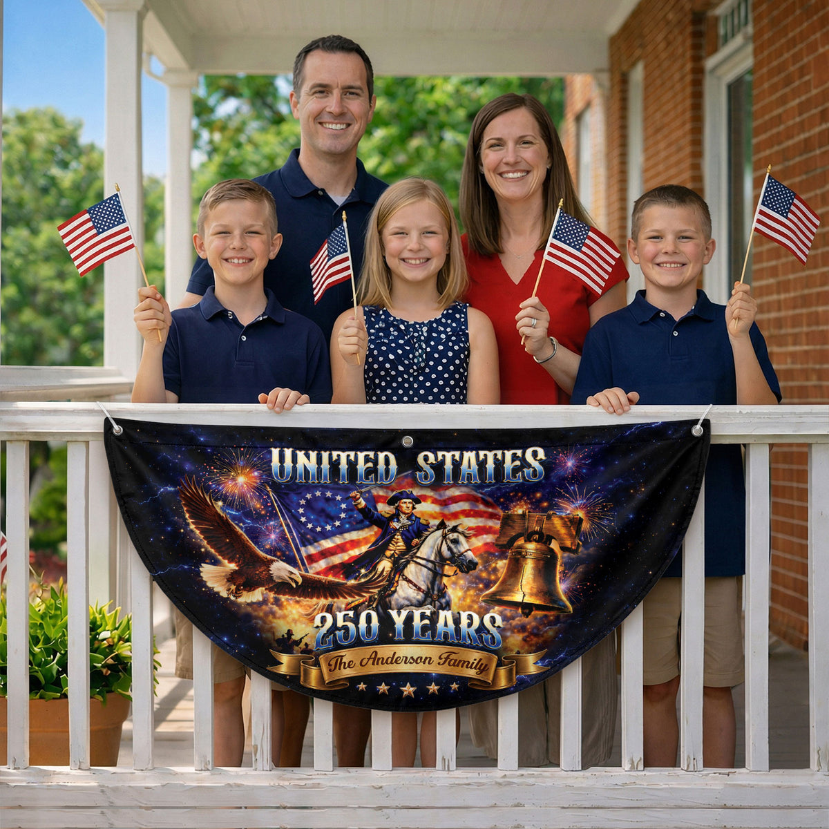 Custom Family Name United States 250 Years George Washington Patriot Eagle Fence Flag - Rust Field Wear