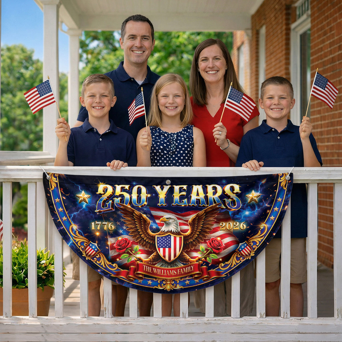 250 Years 1776-2026 Custom Family Name Patriot Eagle Shield Fence Flag Bunting Banner - Rust Field Wear