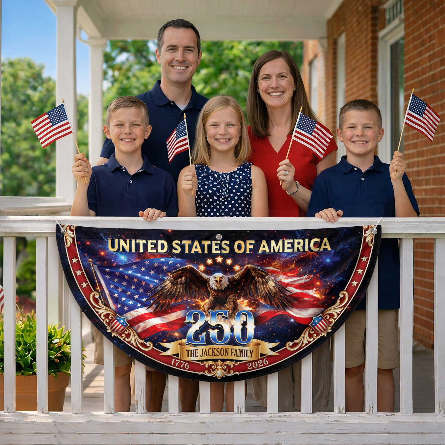 United States 250 Years Custom Family Name Fence Flag - 1776-2026 Patriot Bunting Decor