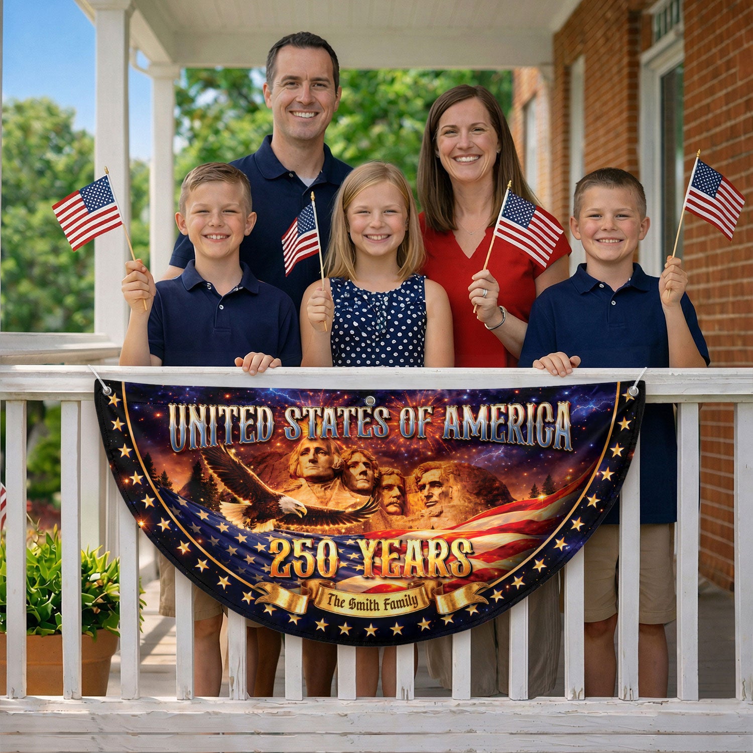 Custom Family Name United States 250 Years Mount Rushmore Patriot Bunting Fence Flag