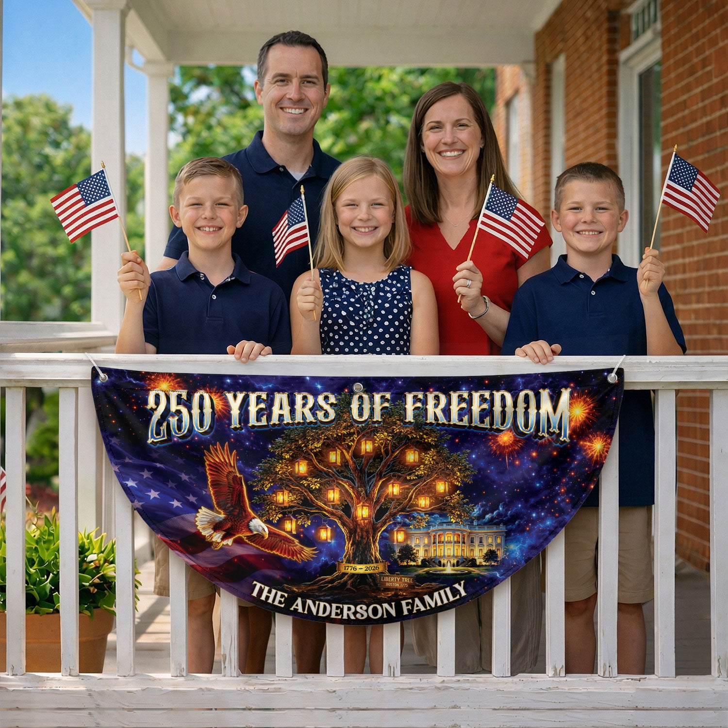 Custom Family Name 250 Years of Freedom Liberty Tree 1776-2026 Patriot Fence Flag Banner