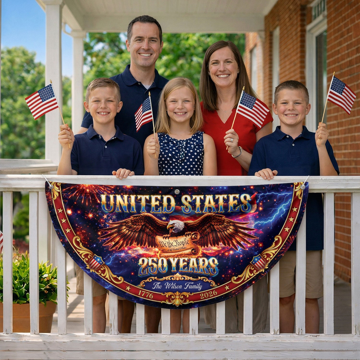 Custom Family Name 250 Years United States Patriot Eagle 1776-2026 Fence Flag Banner