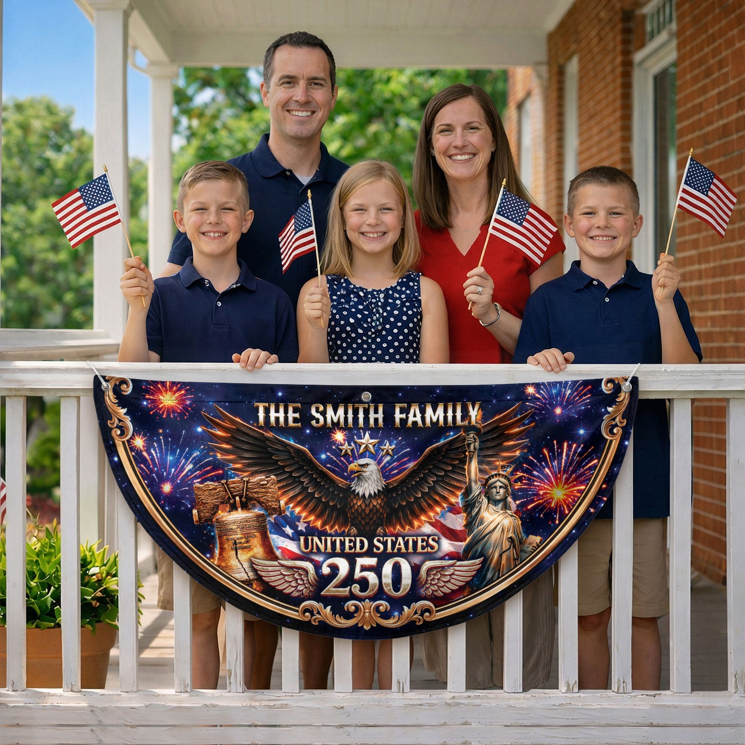 Personalized Family Name 1776-2026 United States Patriot Eagle Statue of Liberty Fence Flag - Rust Field Wear
