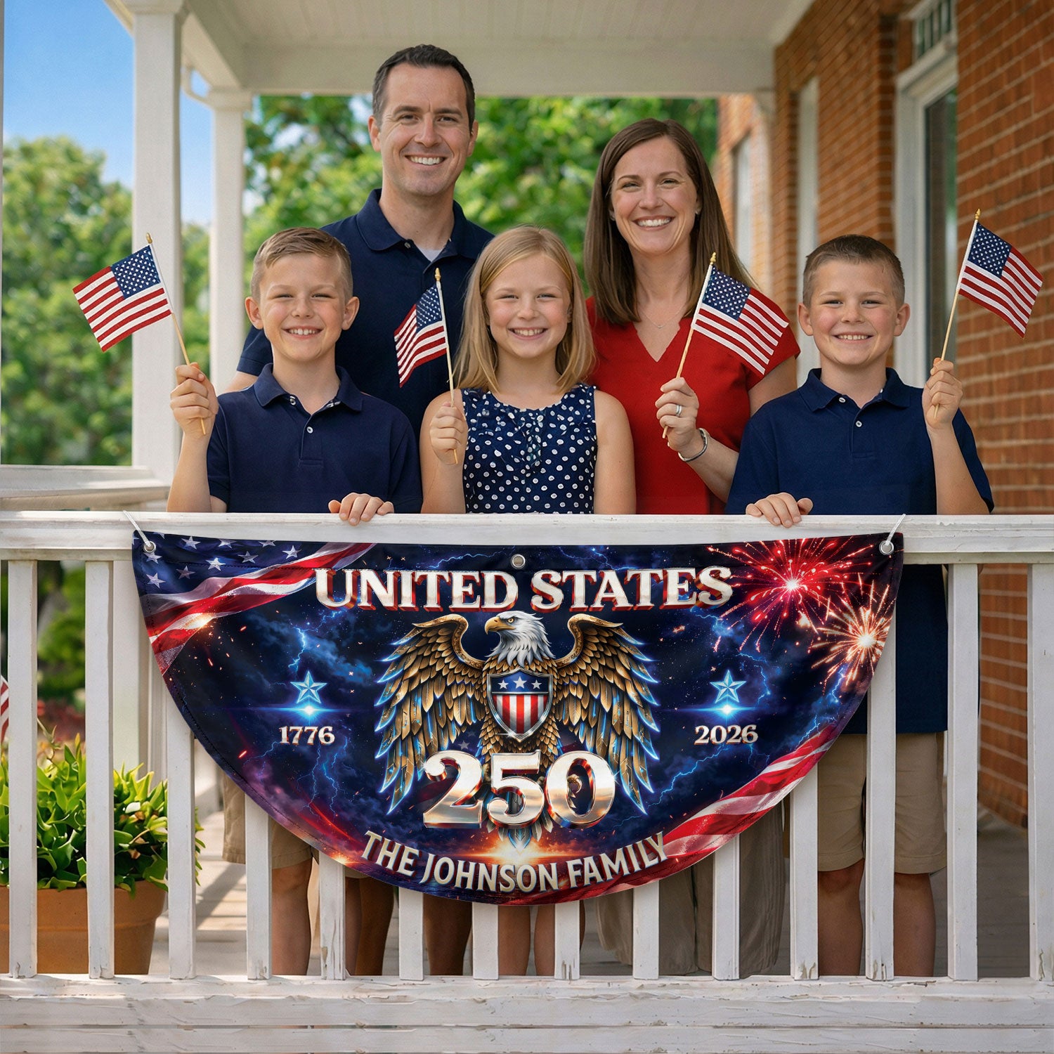 Custom Family Name United States 250 Years Patriot Eagle 1776-2026 Bunting Fence Flag - Rust Field Wear