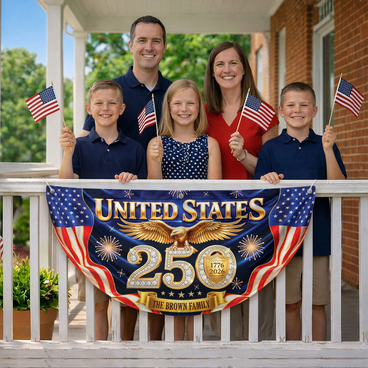 Custom Family Name United States 250 Years Patriot Golden Eagle 1776-2026 Fence Flag - Rust Field Wear