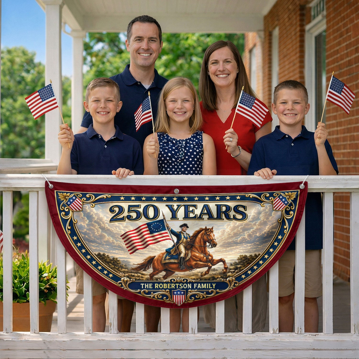 Custom Family Name 250 Years United States George Washington Patriot Bunting Fence Flag - Rust Field Wear