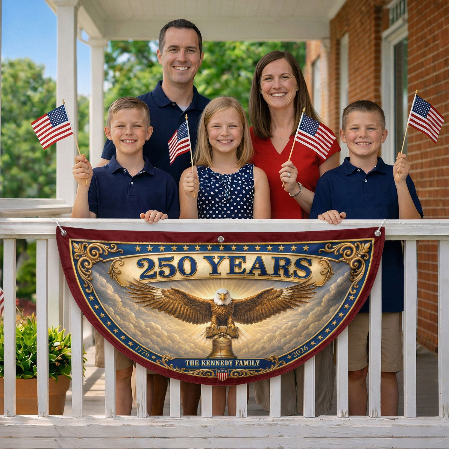 Custom Family Name 250 Years United States Patriot Eagle Liberty Bell Fence Flag - Rust Field Wear