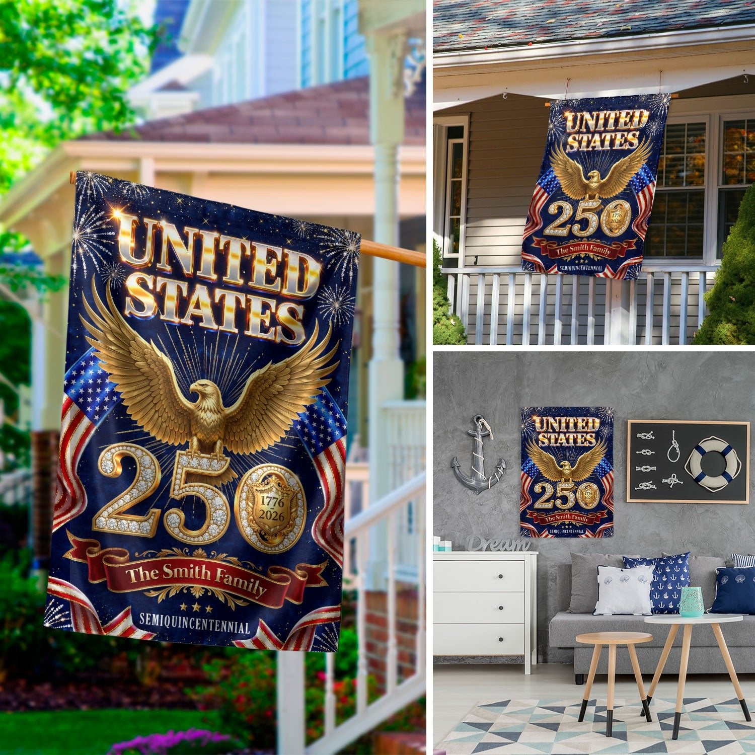 Custom Family Name United States 250 Years Patriot Eagle Garden Flag - 1776-2026 Decor - Rust Field Wear