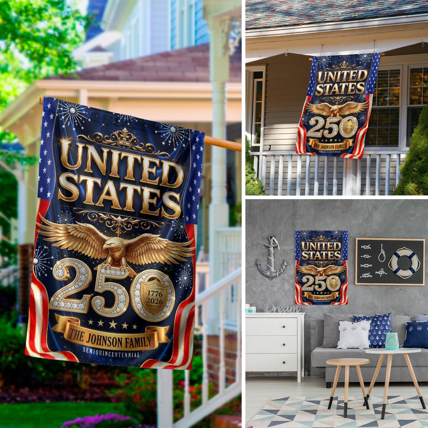 Custom Family Name 1776-2026 United States Patriot Eagle Garden Flag - Anniversary Decor - Rust Field Wear