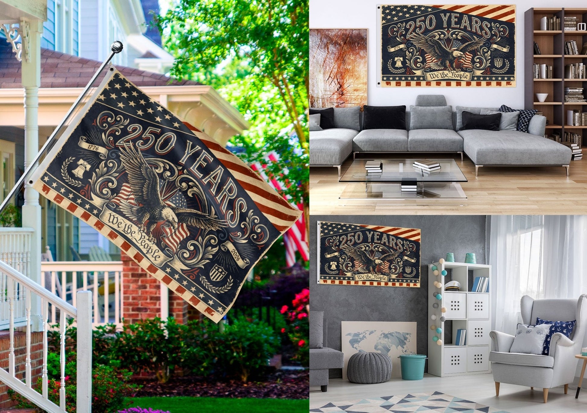 250 Years We The People Flag 1776-2026 Vintage American Eagle Liberty Bell Banner - Rust Field Wear
