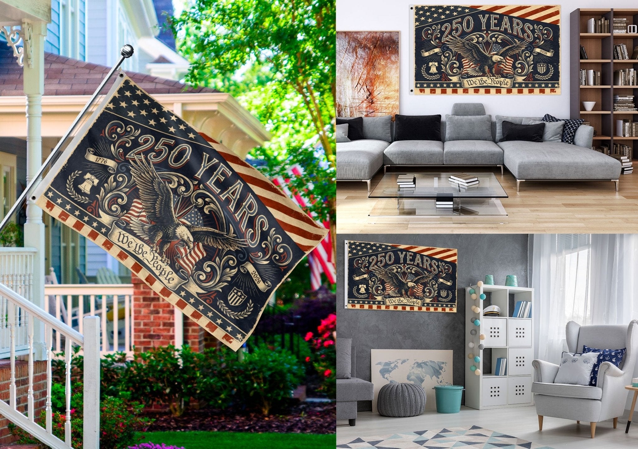 250 Years We The People Flag 1776-2026 Vintage American Eagle Liberty Bell Banner - Rust Field Wear