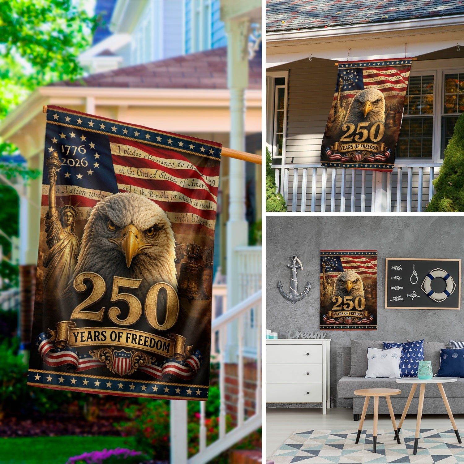 USA 250 Years of Freedom House Flag - Pledge of Allegiance & Patriotic Eagle Banner - Rust Field Wear