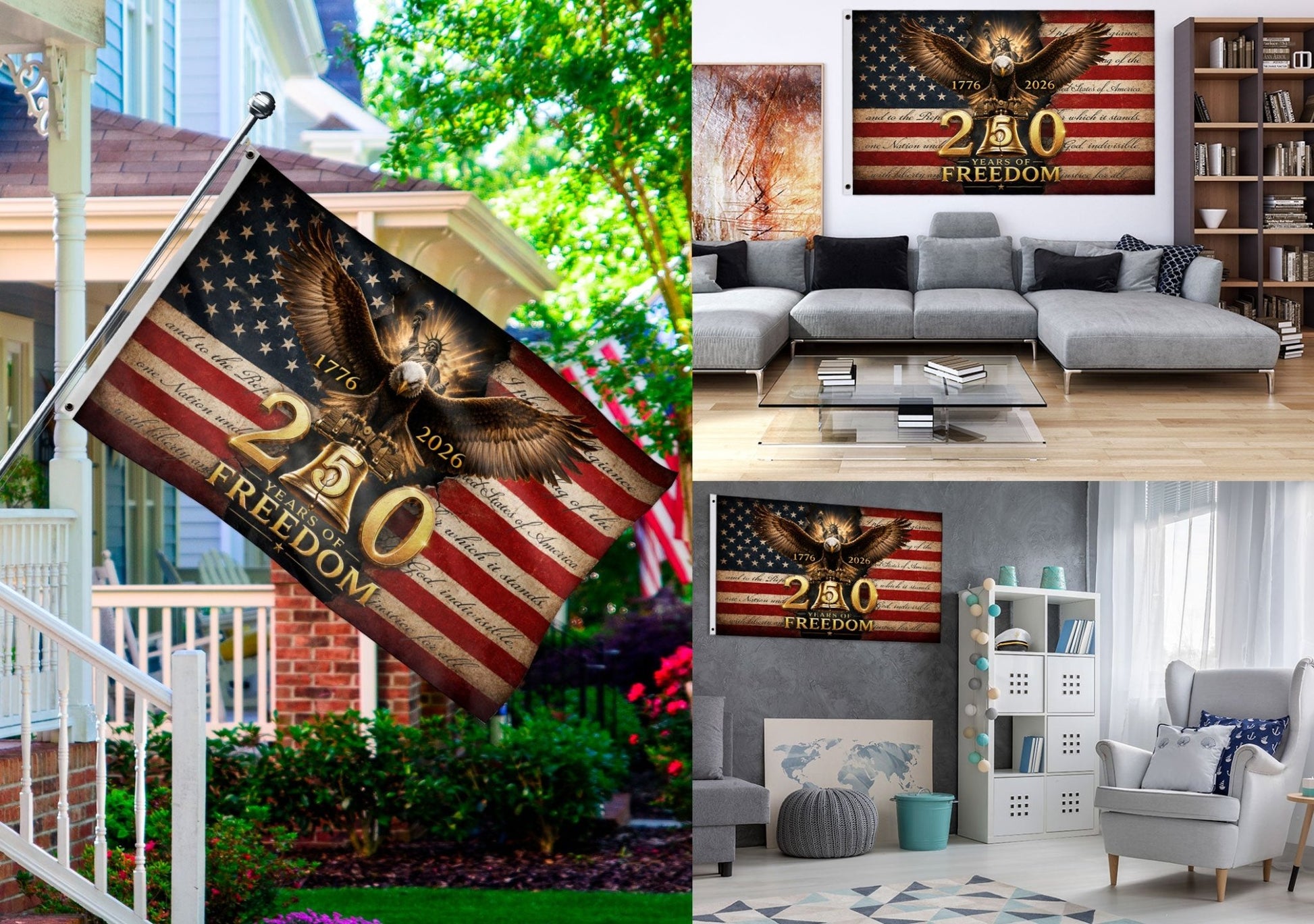 250 Years of Freedom Flag 1776-2026 Eagle Liberty Bell Statue of Liberty US Banner - Rust Field Wear