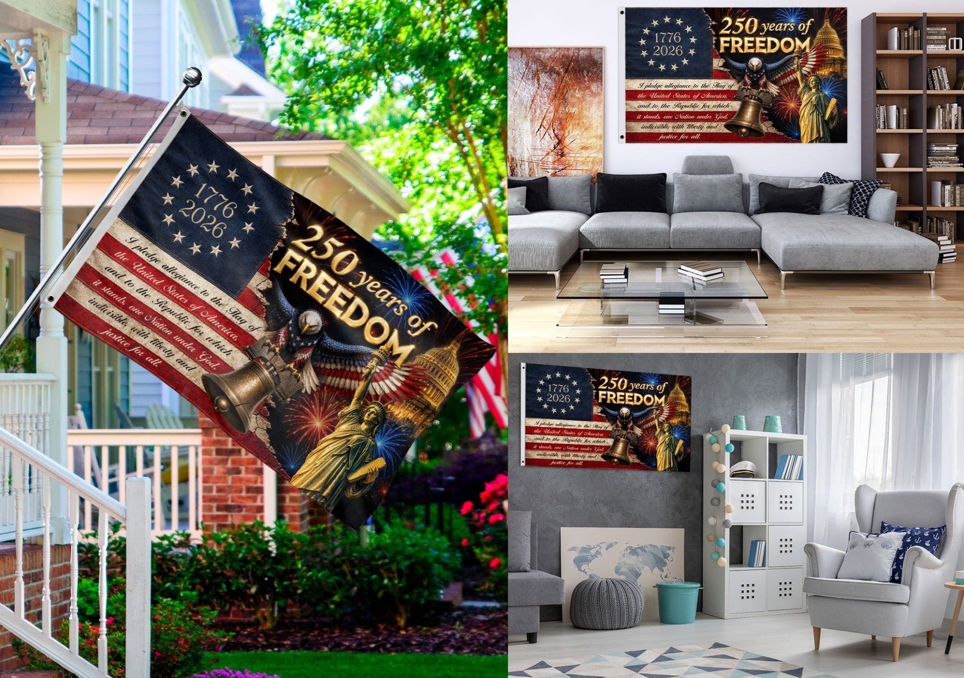 250 Years of Freedom Flag 1776-2026 Pledge of Allegiance Statue of Liberty US Banner - Rust Field Wear