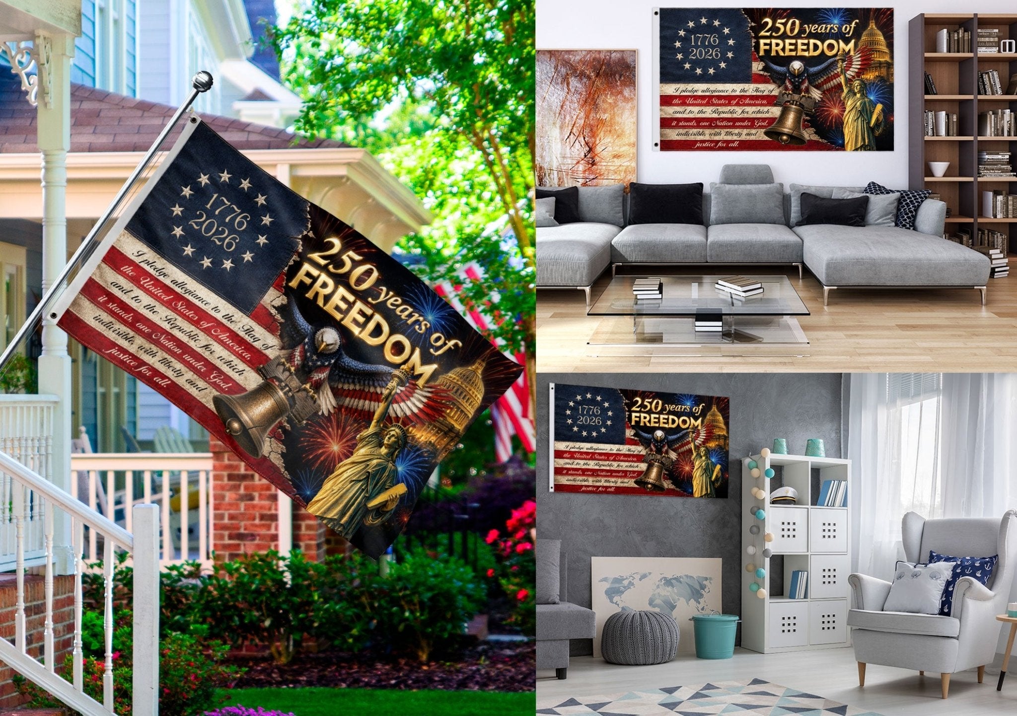 250 Years of Freedom Flag 1776-2026 Pledge of Allegiance Statue of Liberty US Banner - Rust Field Wear