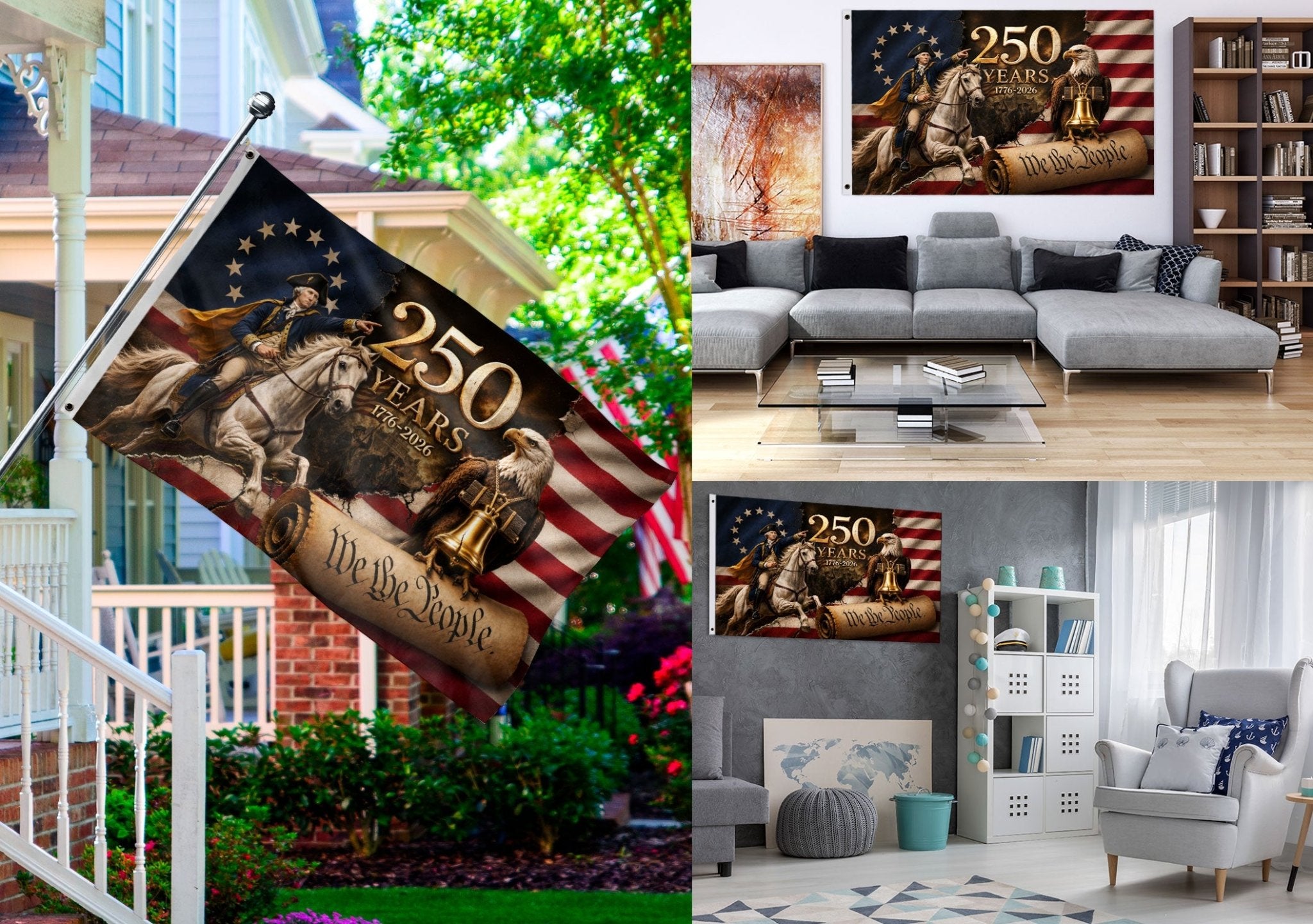 250 Years US Flag George Washington Eagle Liberty Bell 1776-2026 We The People Banner - Rust Field Wear