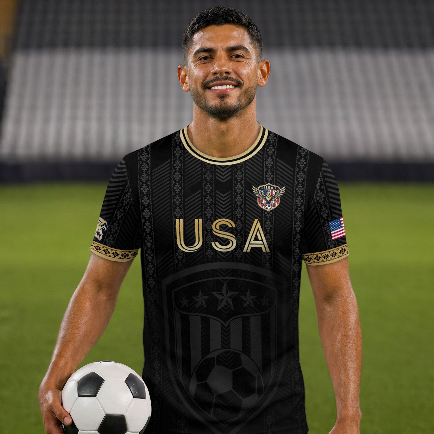 USA Soccer Jersey Patriotic American Eagle Black Gold Shield Football Shirt Men Women Gear