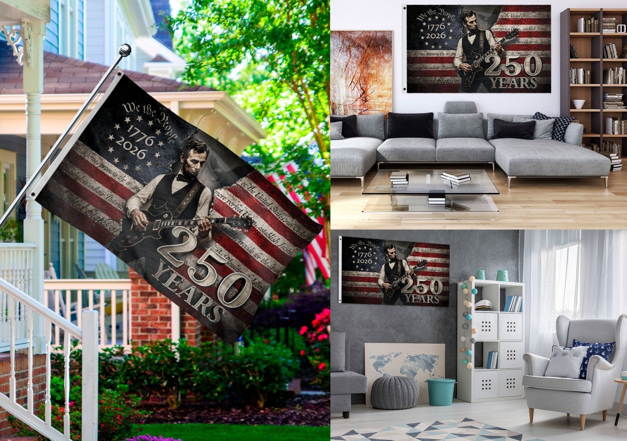 250 Years of Freedom Flag 1776-2026 Abraham Lincoln Guitar Patriotic US Banner We the People Decor - Rust Field Wear