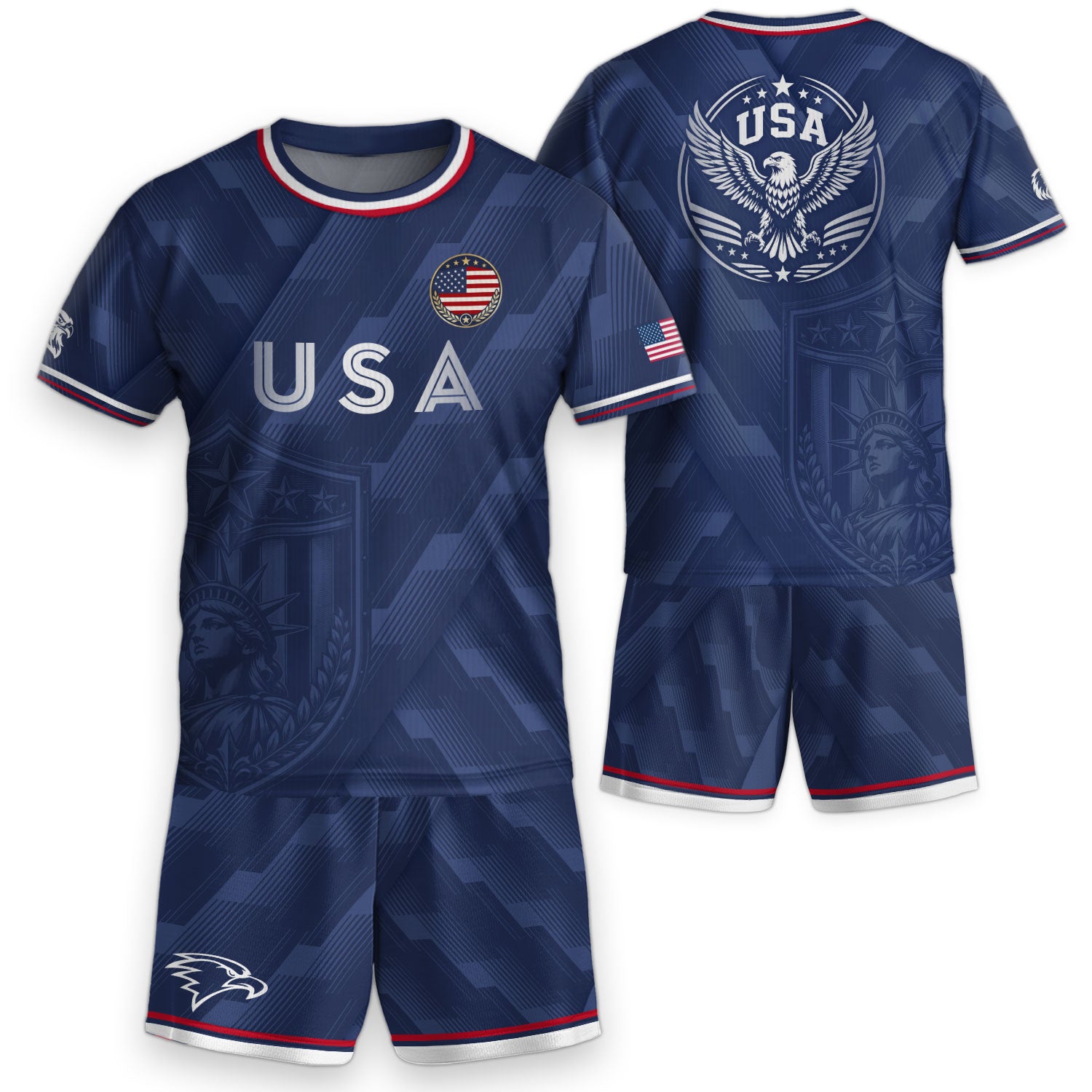 USA Soccer Jersey Kids Set Navy Patriotic Youth Football Shirt Shorts Outfit Kit