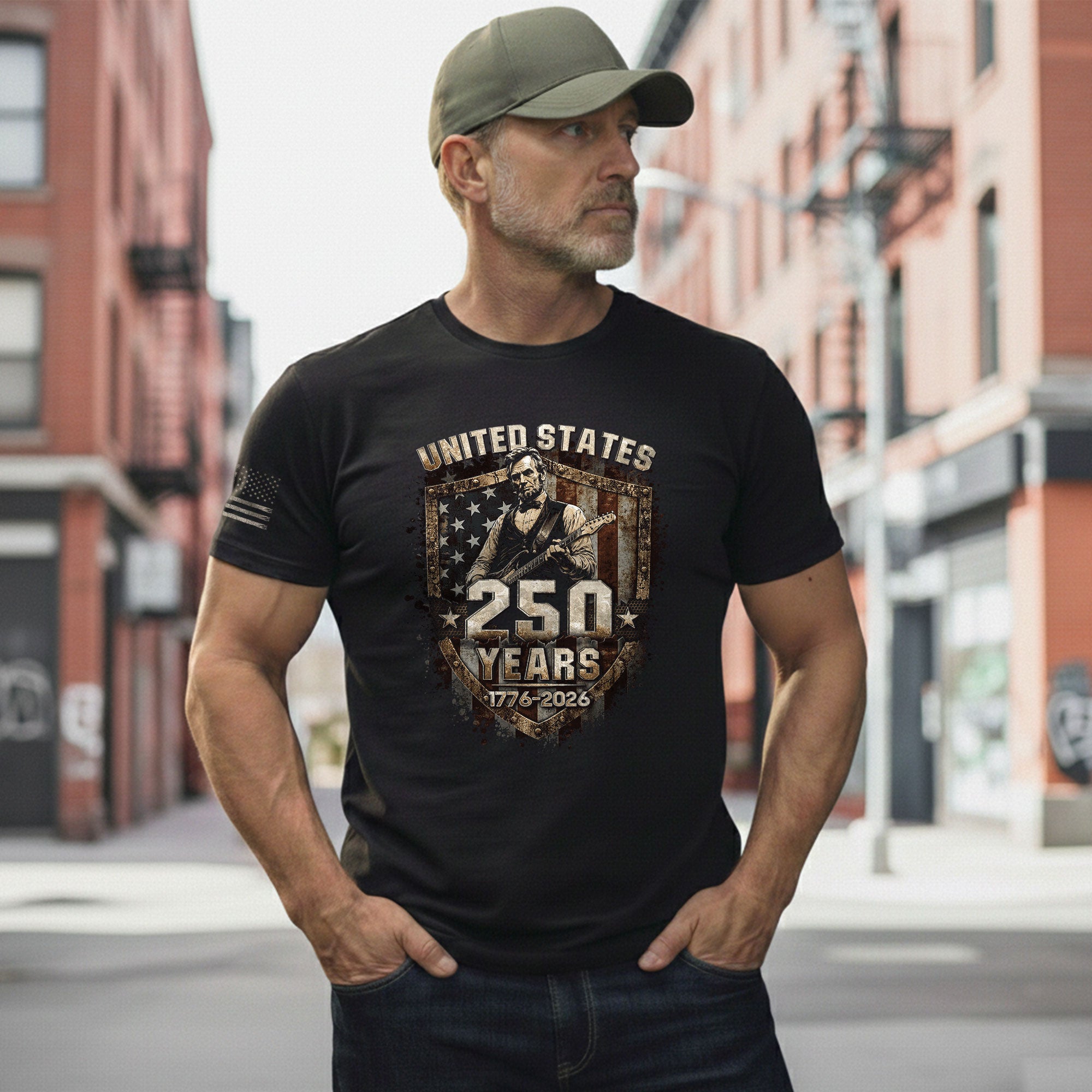 Rustic Shield Lincoln Guitar Shirt Vintage 1776 2026 US Flag Patriotic Grunge Men Tee - Rust Field Wear