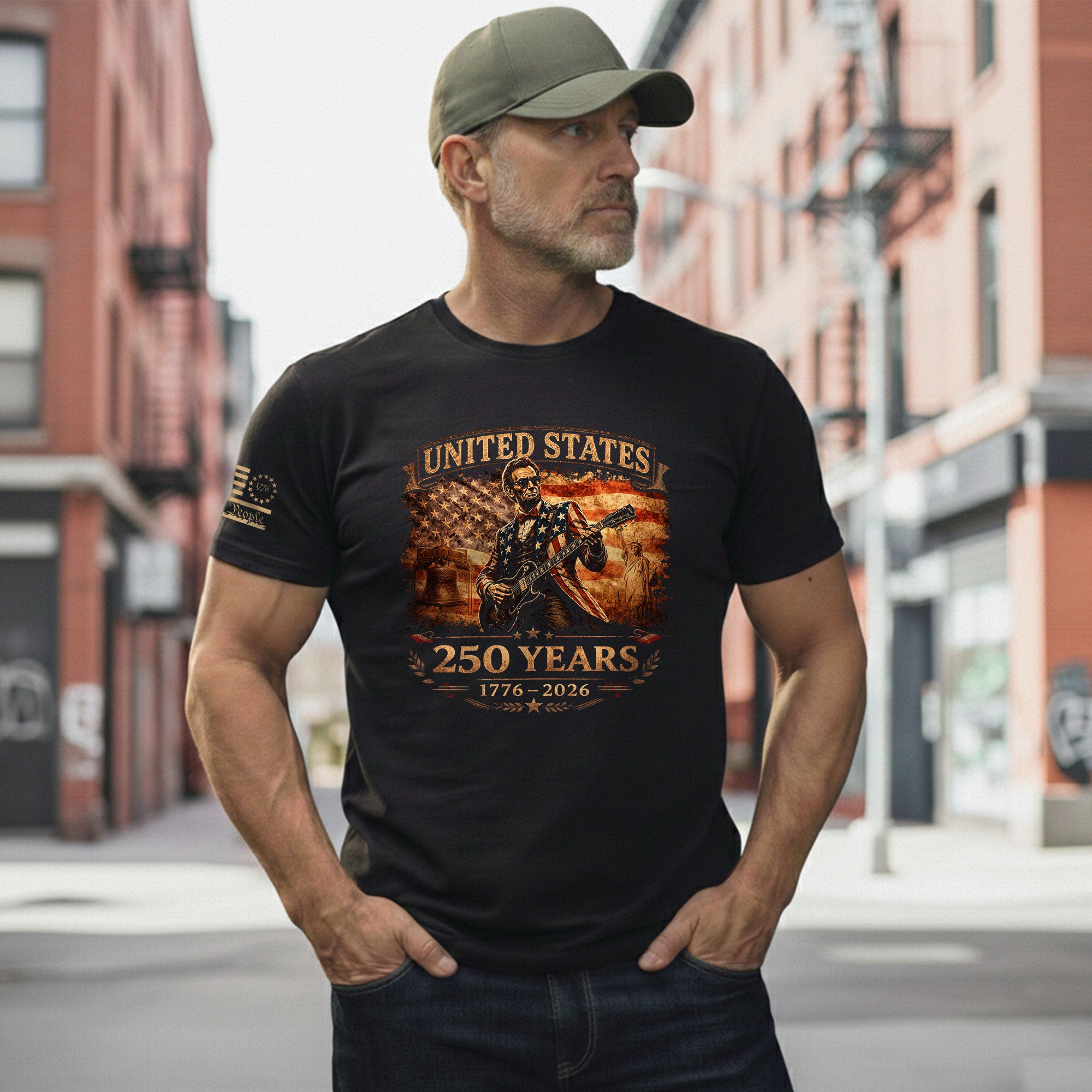 Flag Jacket Lincoln Guitar Shirt Sunglasses Liberty Bell Patriotic 1776 2026 Men Tee - Rust Field Wear