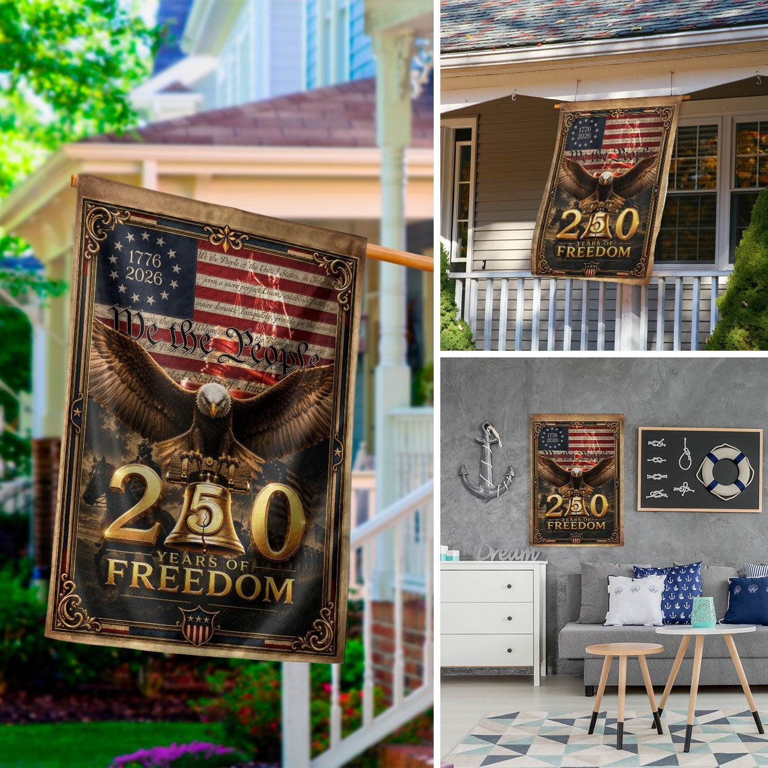 USA 250th Anniversary House Flag Patriotic Bald Eagle We the People Liberty Icons Banner - Rust Field Wear
