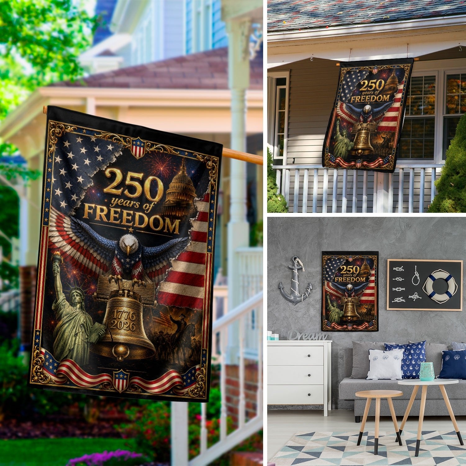 250 Years of Freedom Garden Flag 1776-2026 Patriotic Bald Eagle Liberty Bell US Decor - Rust Field Wear