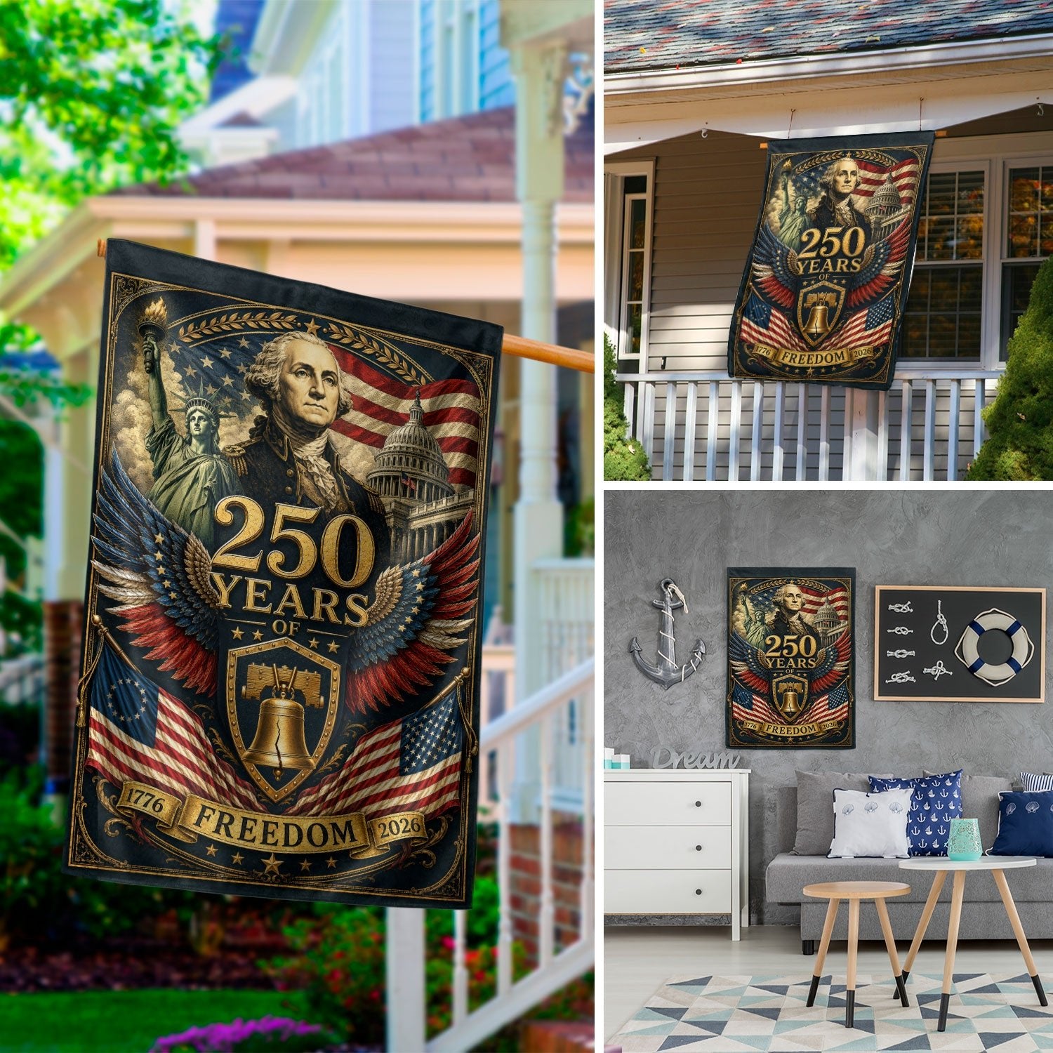 USA 250th Anniversary House Flag 1776-2026 Patriotic George Washington Liberty Icons Banner - Rust Field Wear