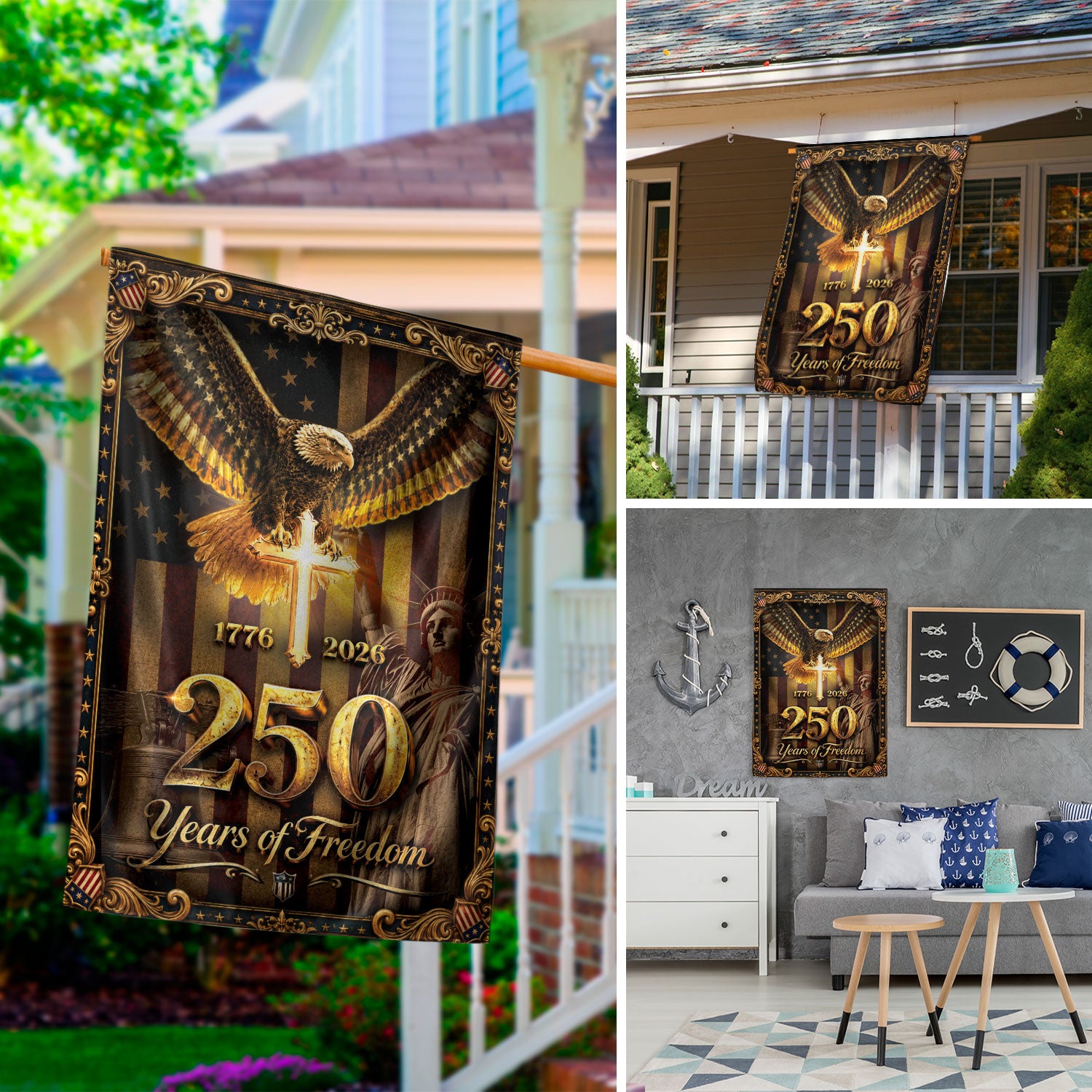1776-2026 Christian Cross Eagle Statue of Liberty House Flag 250 Years Banner Decor