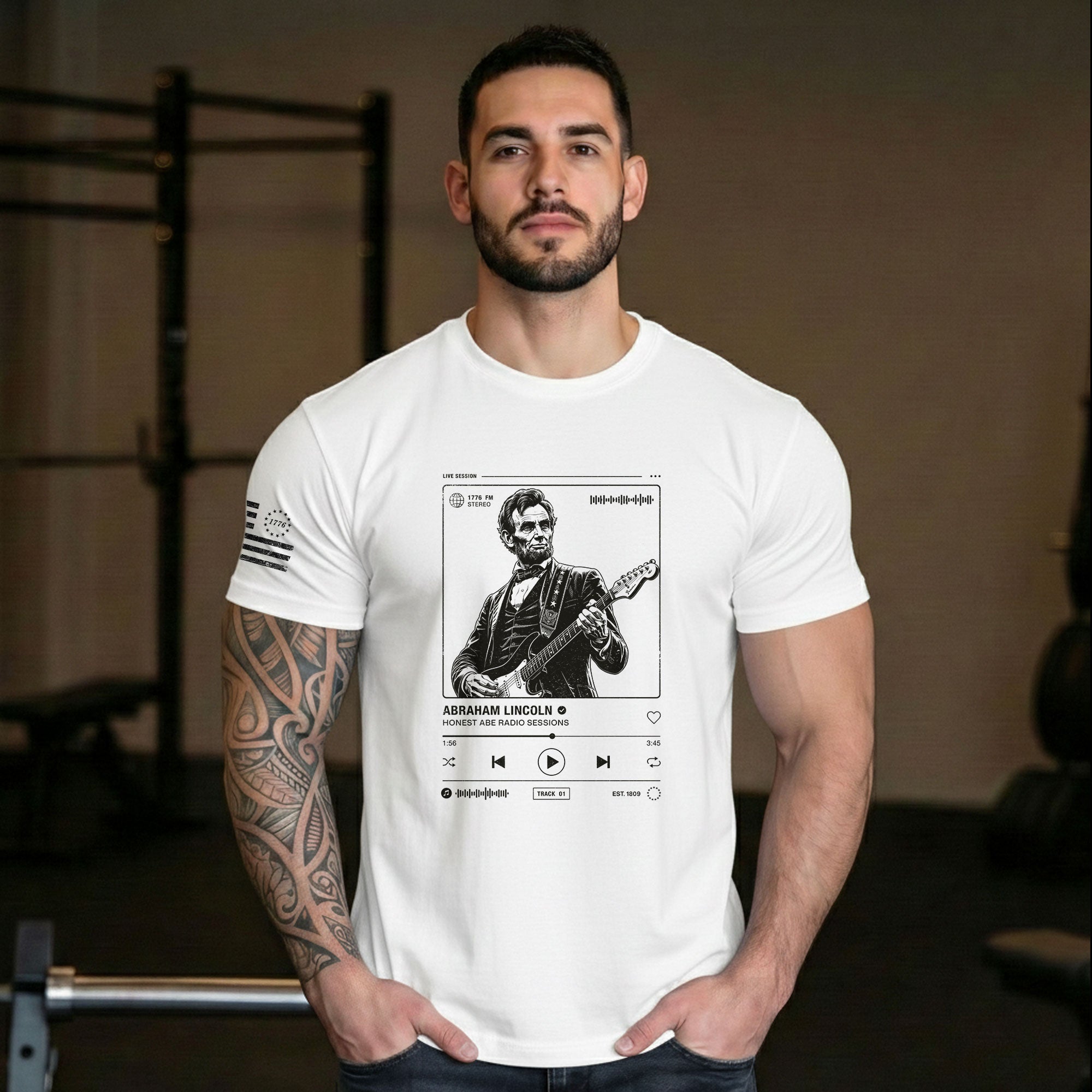 Abraham Lincoln Guitar Shirt Music Player Graphic Tee Patriotic Sketch Shirt - Rust Field Wear